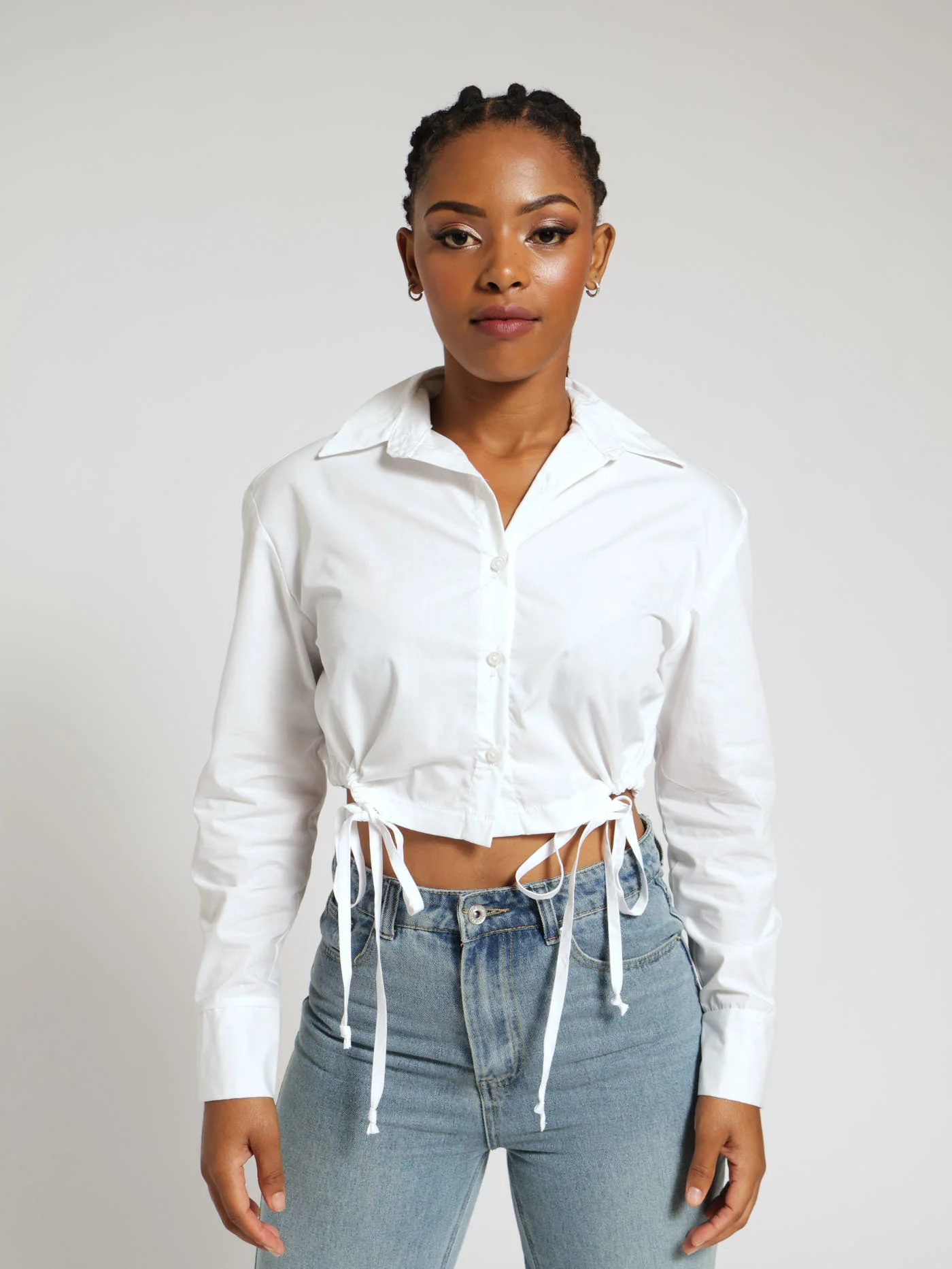 Long Sleeve Tie Waist Poplin Top - White