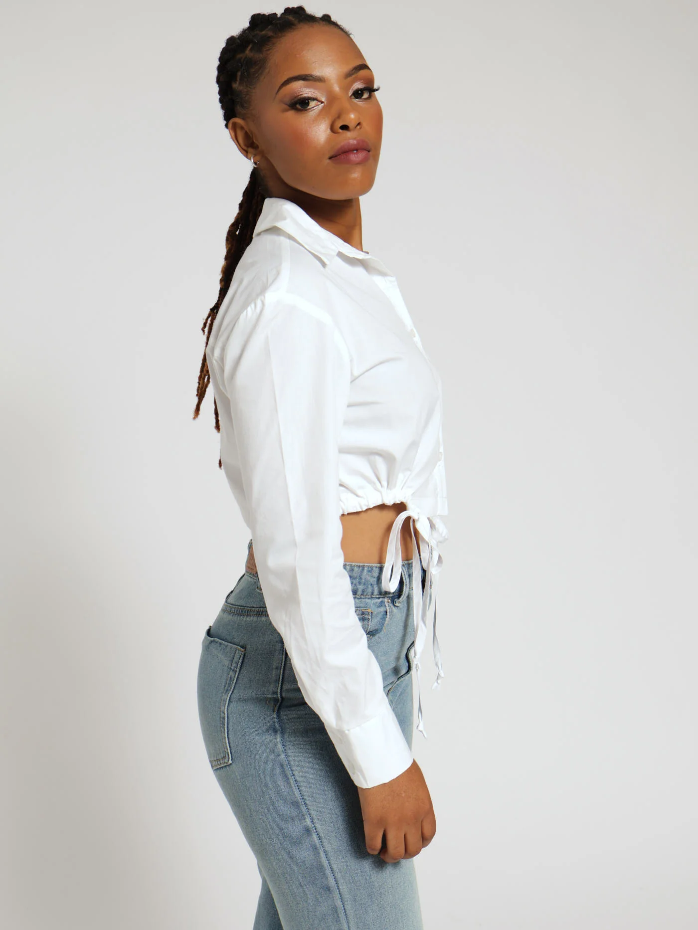 Long Sleeve Tie Waist Poplin Top - White - Image 2