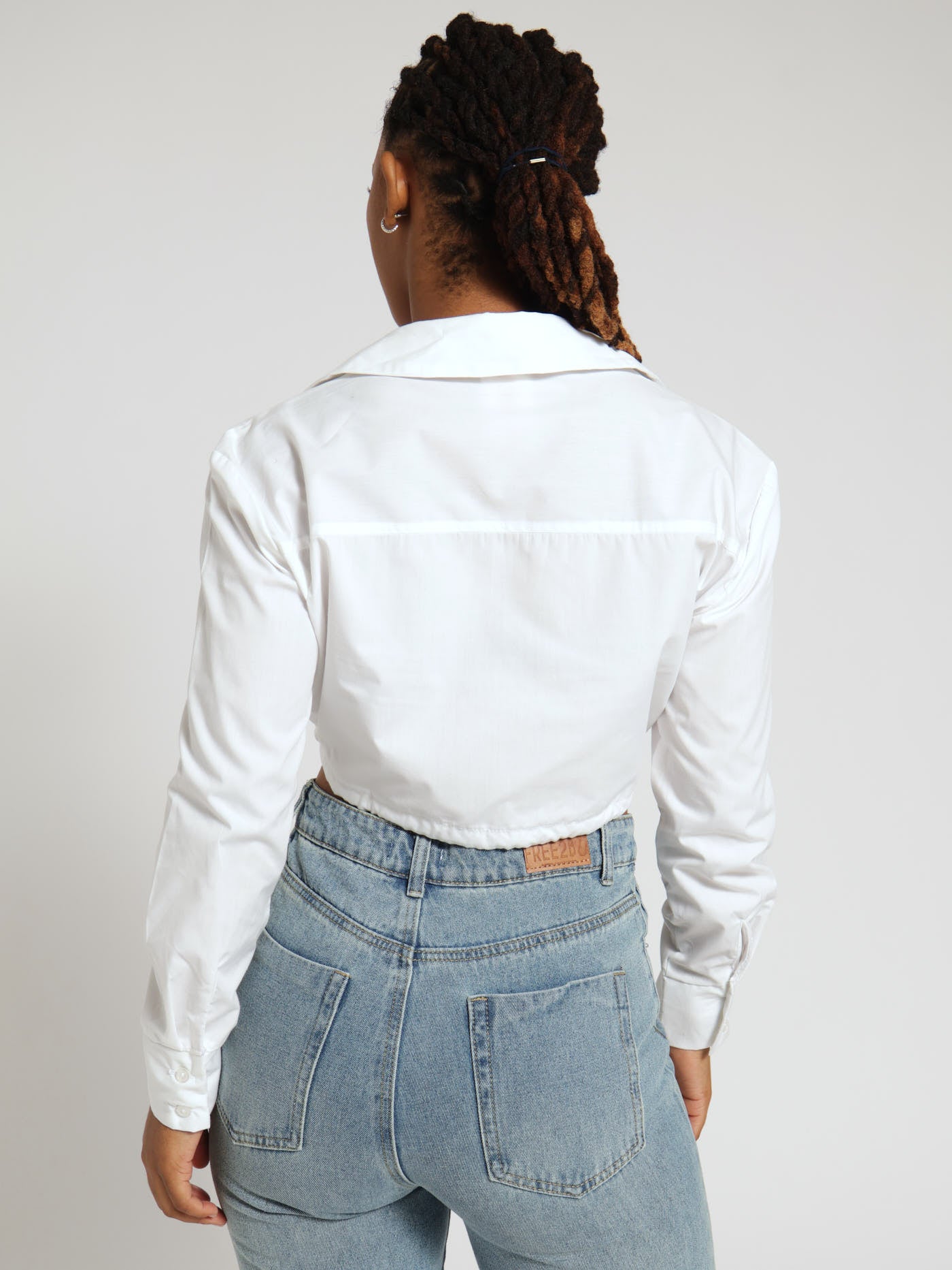 Long Sleeve Tie Waist Poplin Top - White - Image 3