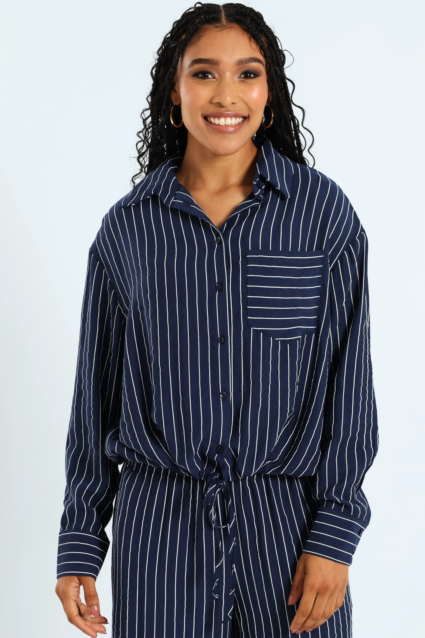 Long Sleeve Tie Waist Stripe Woven Shirt - Navy/White