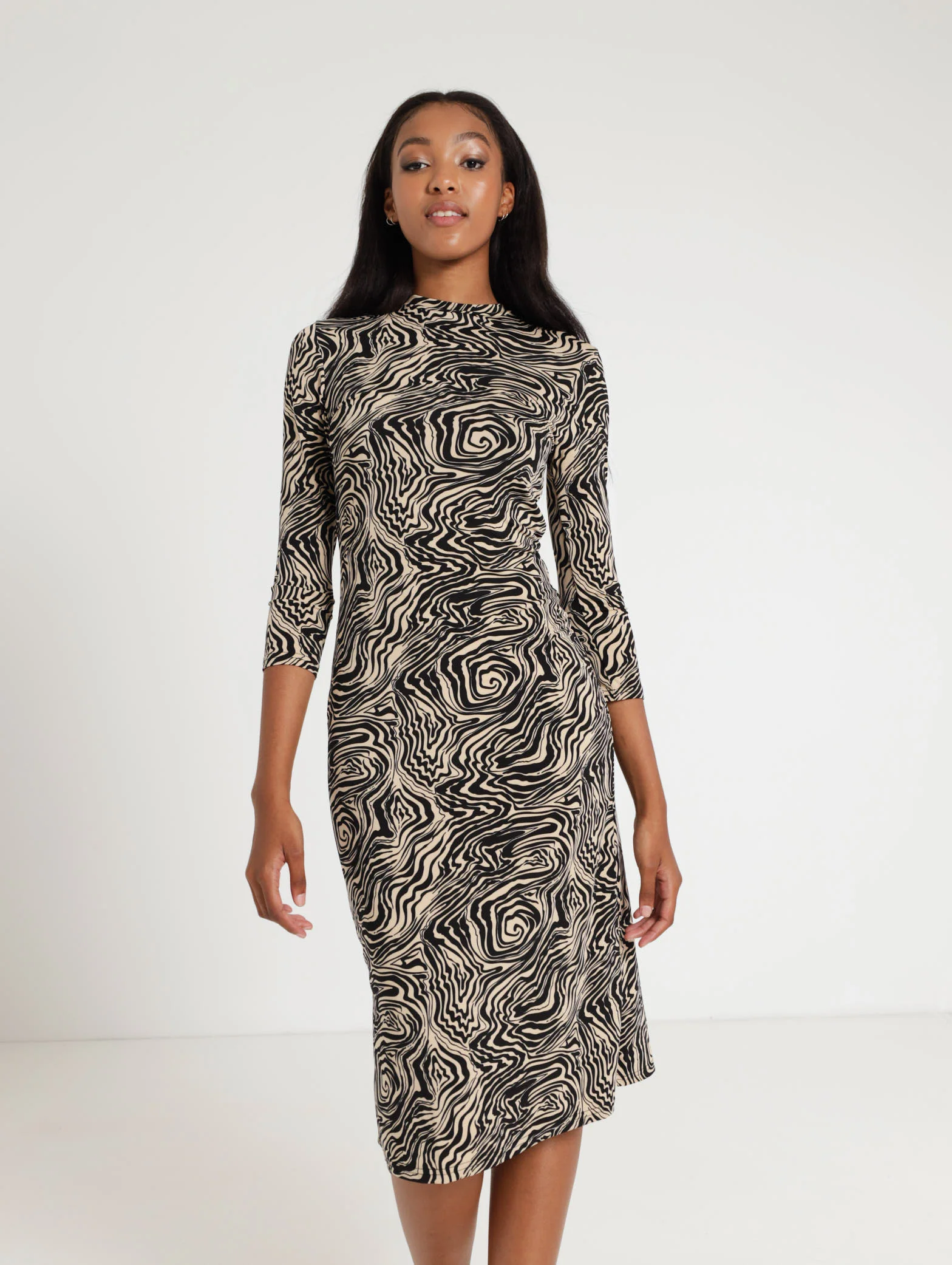 Long Sleeve Turtle Neck Swirl Dress - Black