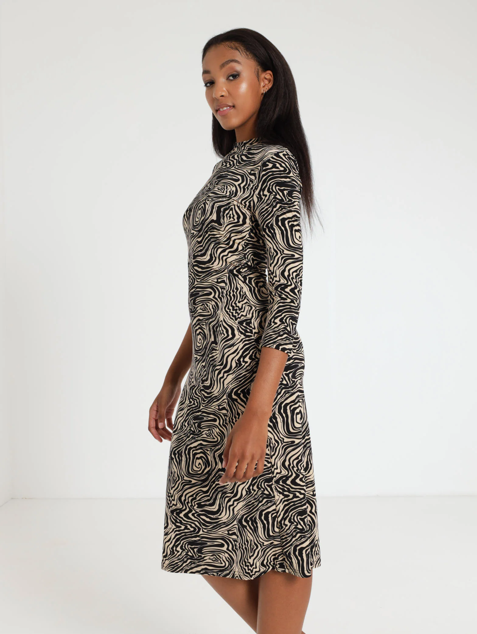 Long Sleeve Turtle Neck Swirl Dress - Black - Image 3
