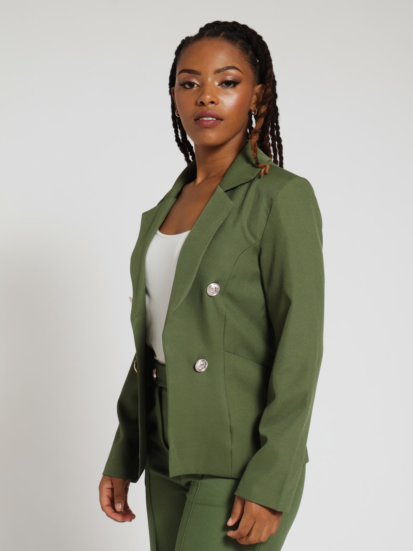 Long Sleeve Twill Fancy Button Open Blazer - Olive - Image 2