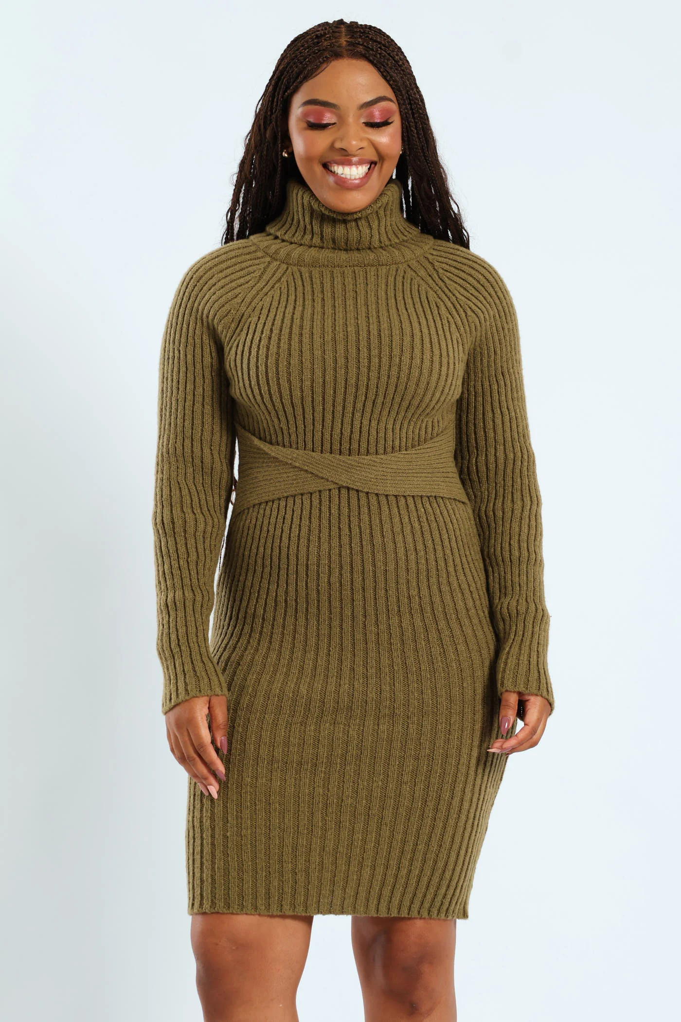 Long Sleeve Twist Belt Mohair Like Dress - Moss Green