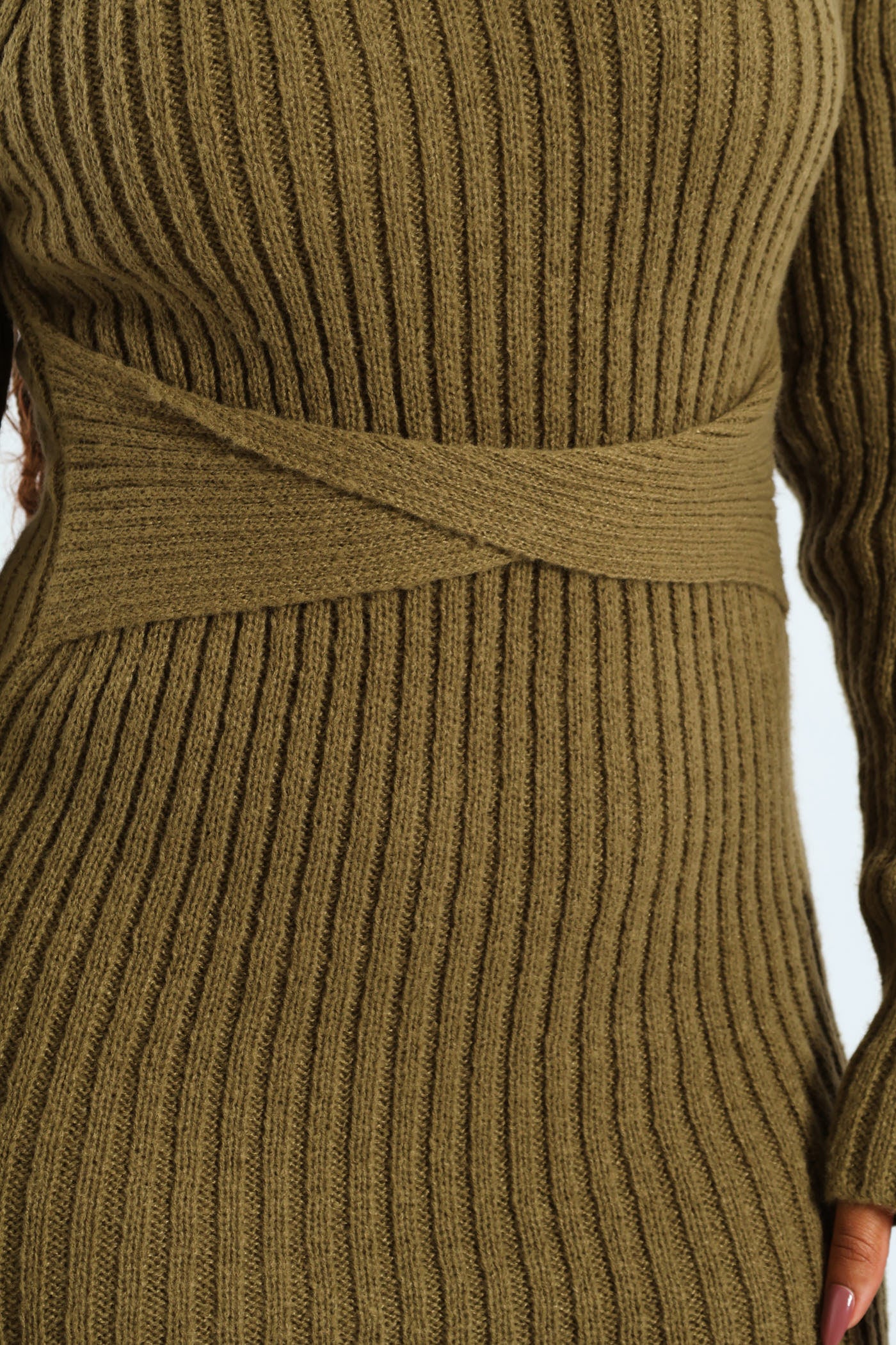 Long Sleeve Twist Belt Mohair Like Dress - Moss Green - Image 2