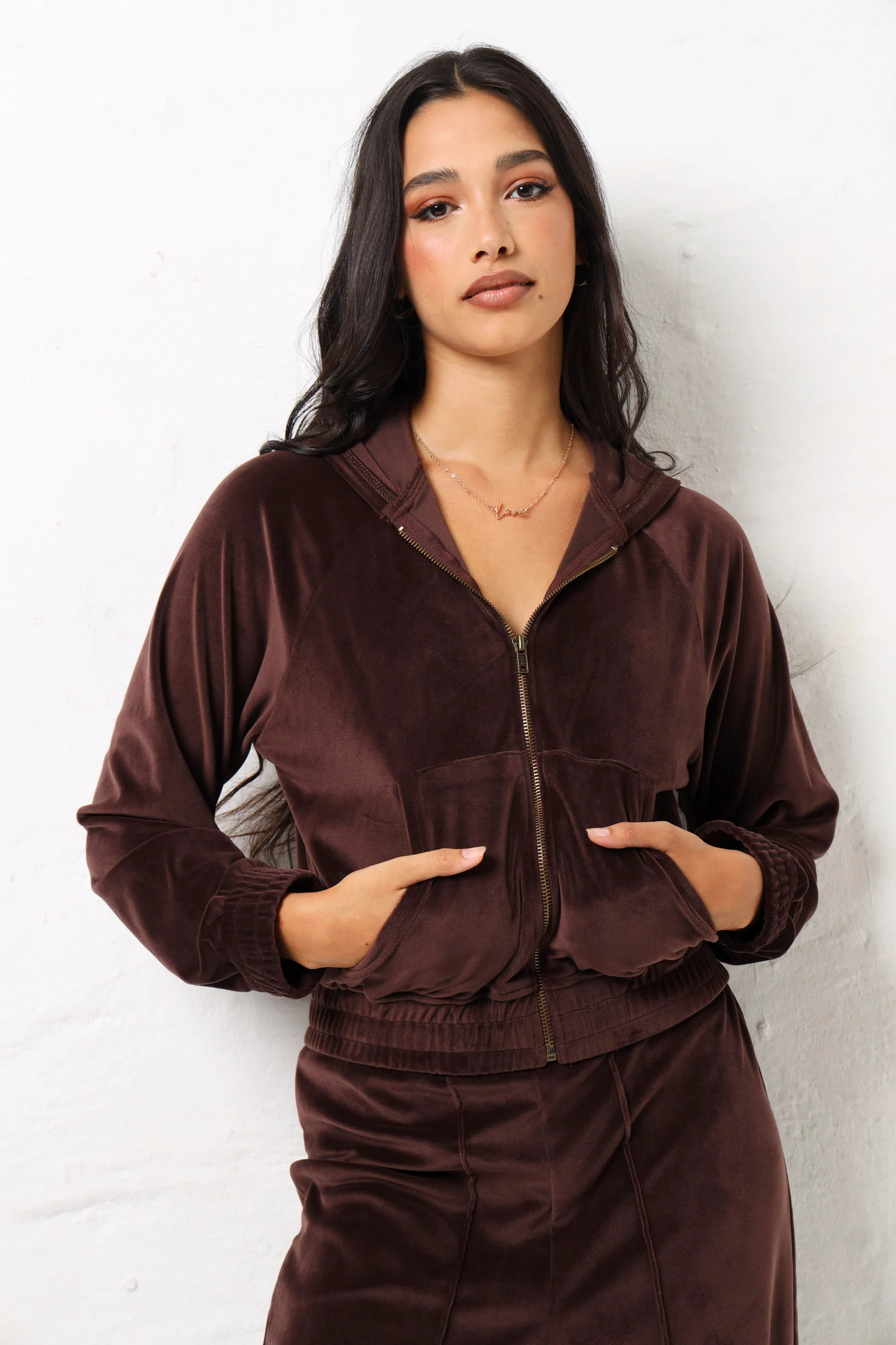 Long Sleeve Velour Zip Through Top - Chocolate