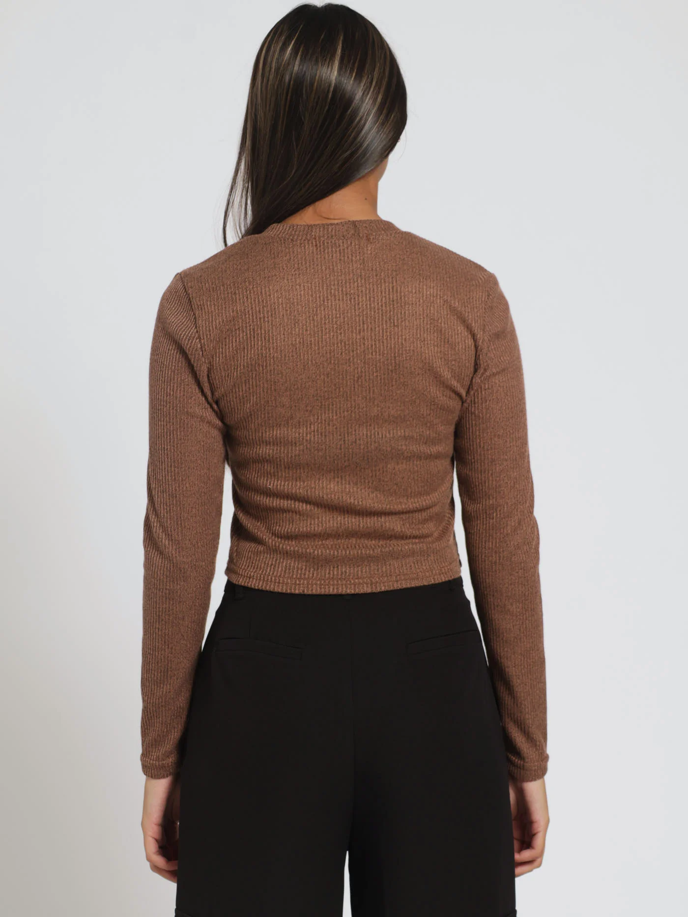 Long Sleeve Warm Ribb Tee - Brown - Image 3