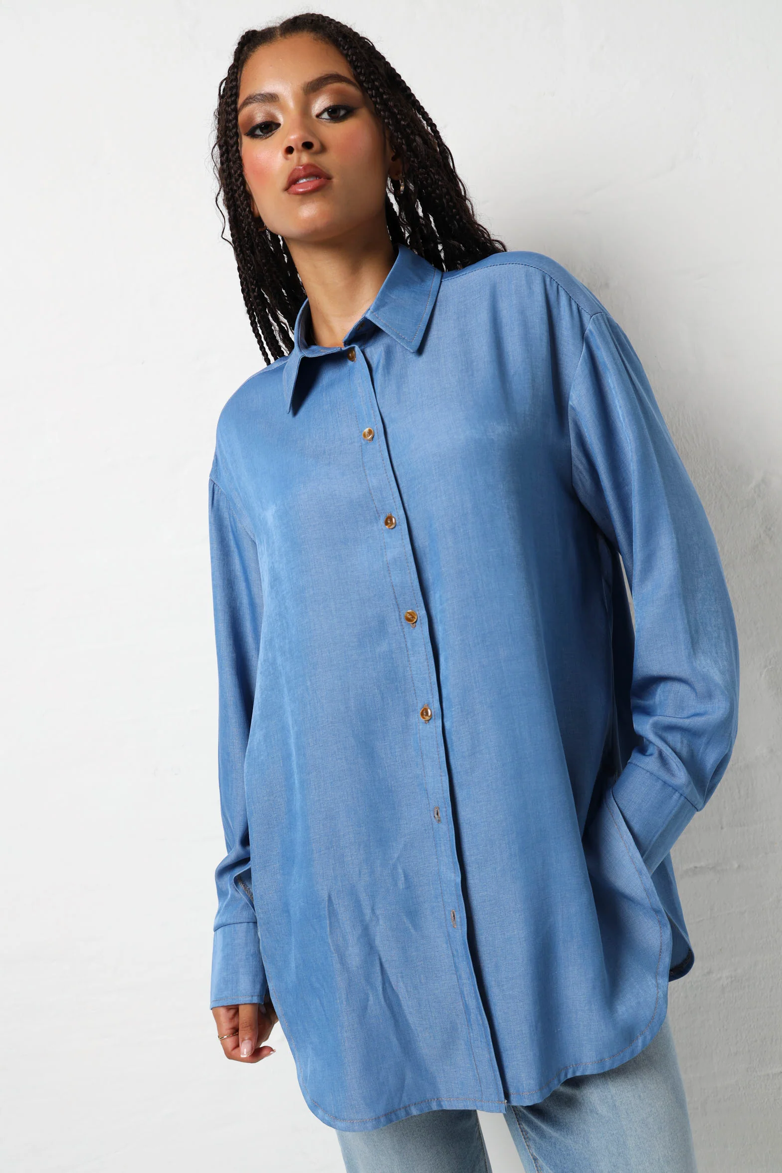 Long Sleeve Wide Cuff Button Down Shirt - Medium Wash - Image 2