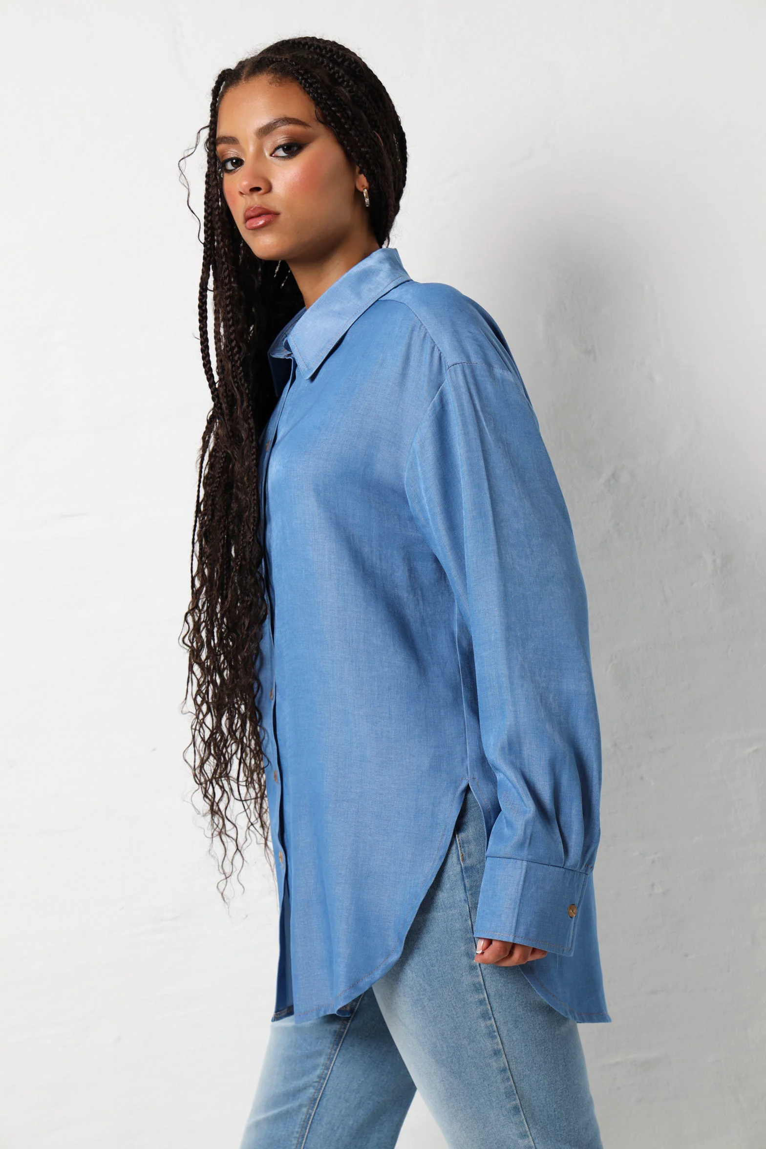 Long Sleeve Wide Cuff Button Down Shirt - Medium Wash - Image 3