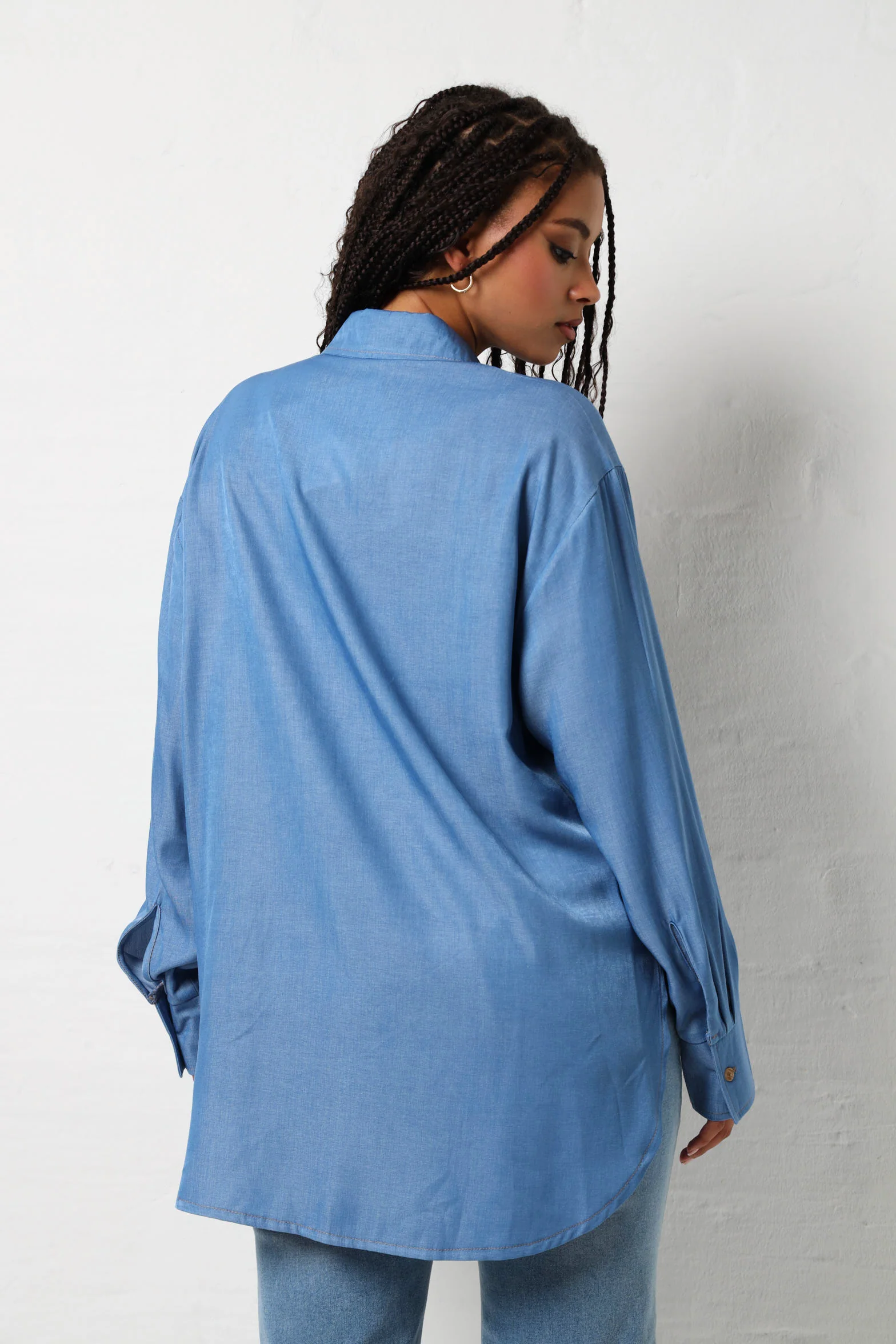 Long Sleeve Wide Cuff Button Down Shirt - Medium Wash - Image 4