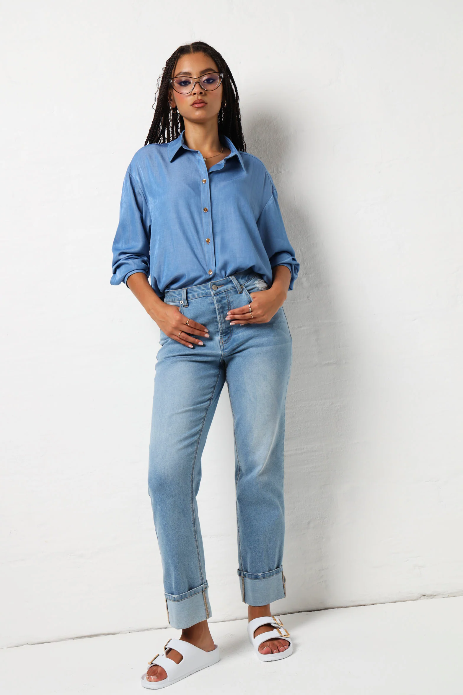 Long Sleeve Wide Cuff Button Down Shirt - Medium Wash - Image 5