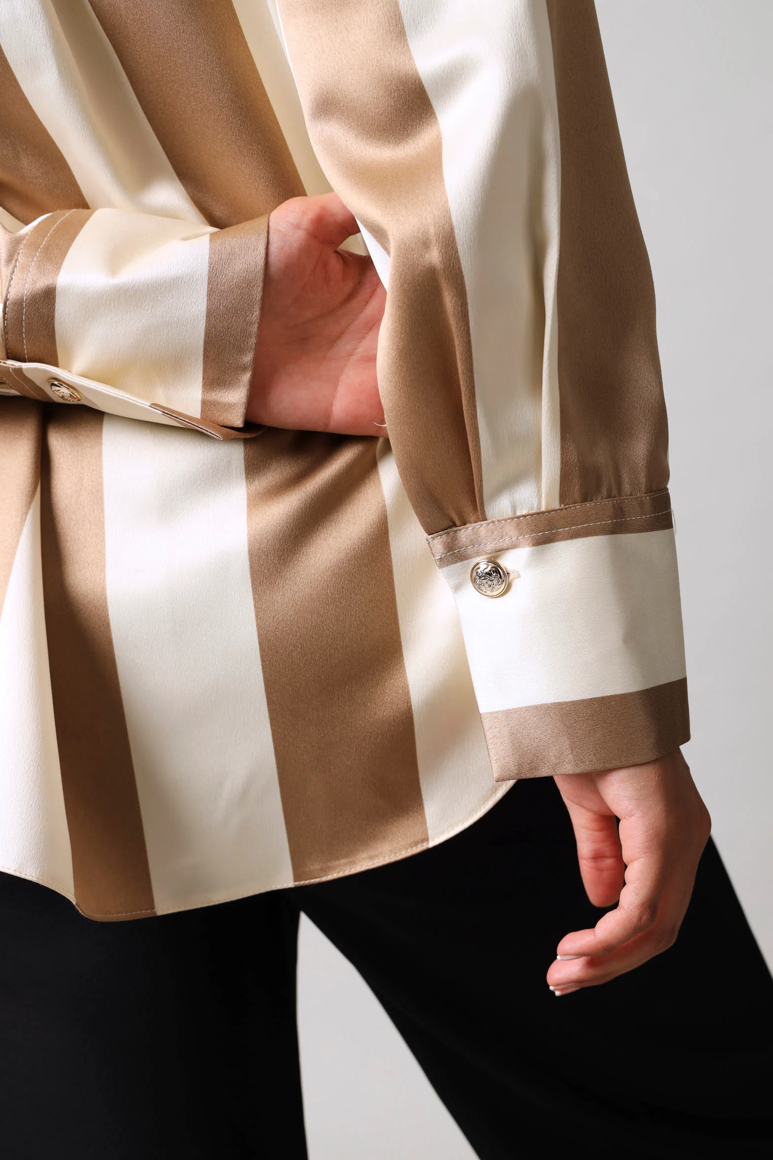 Long Sleeve Wide Stripe Button Through Shirt - Beige/Cream - Image 4