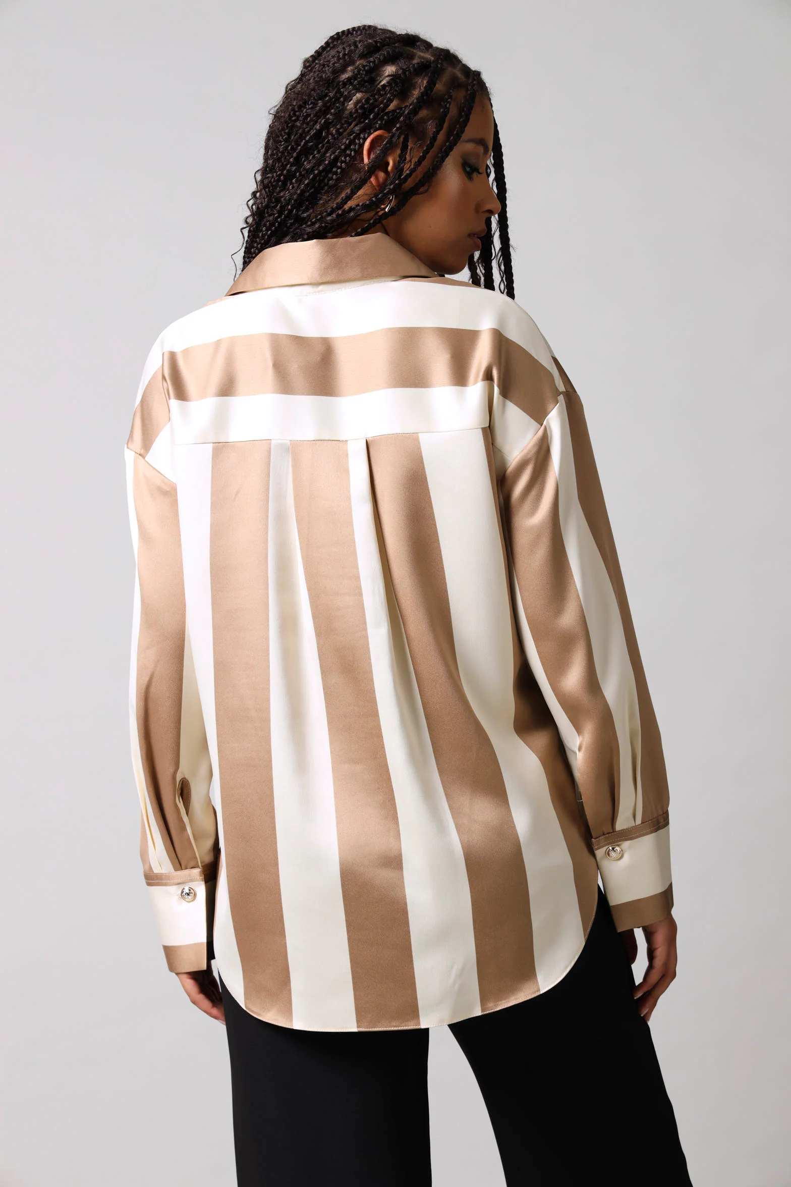 Long Sleeve Wide Stripe Button Through Shirt - Beige/Cream - Image 5
