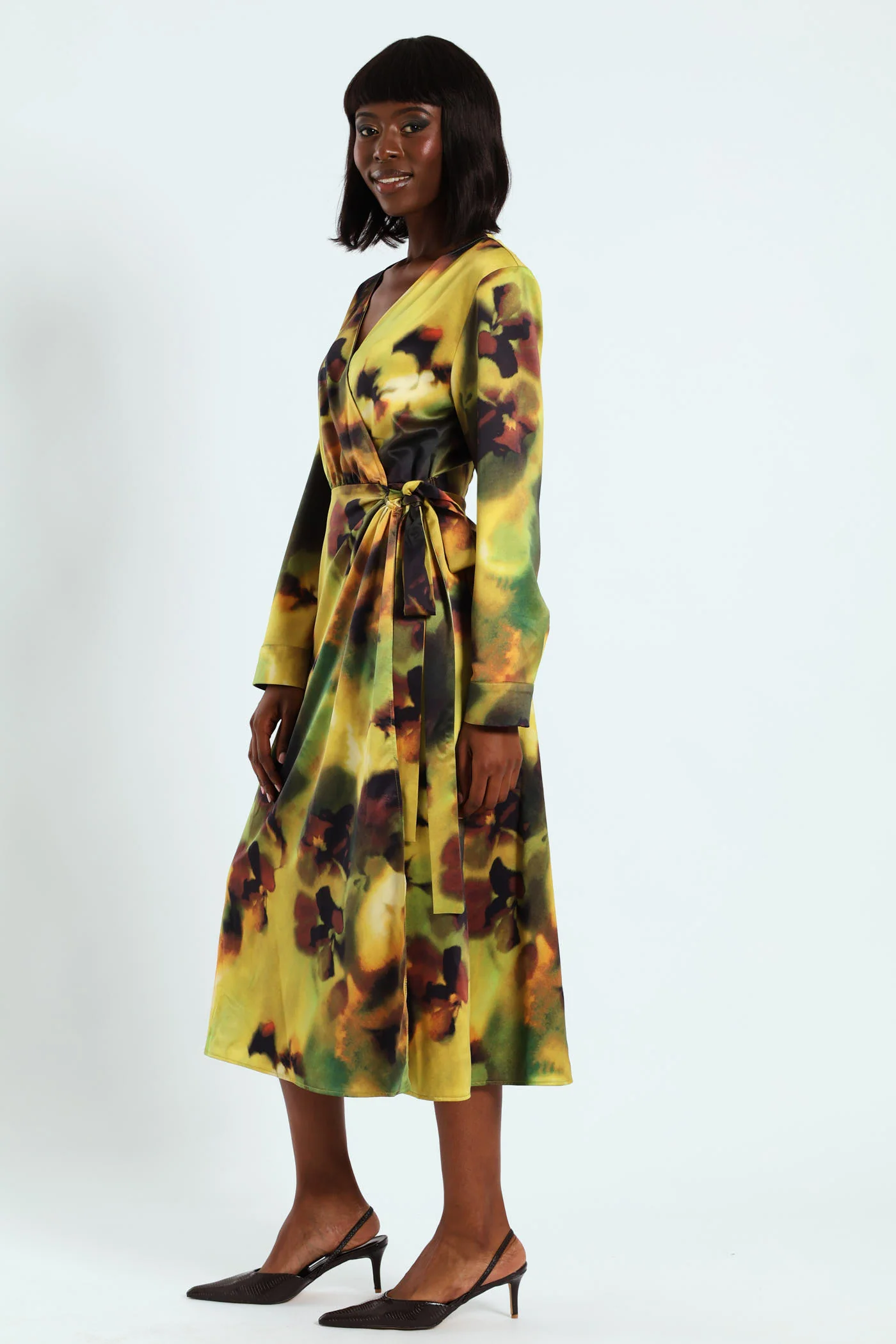 Long Sleeve Wrap Satin Dress - Multi - Image 2