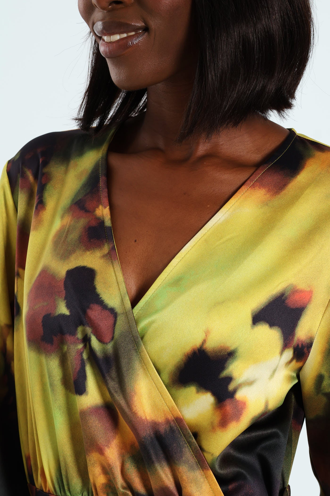 Long Sleeve Wrap Satin Dress - Multi - Image 4