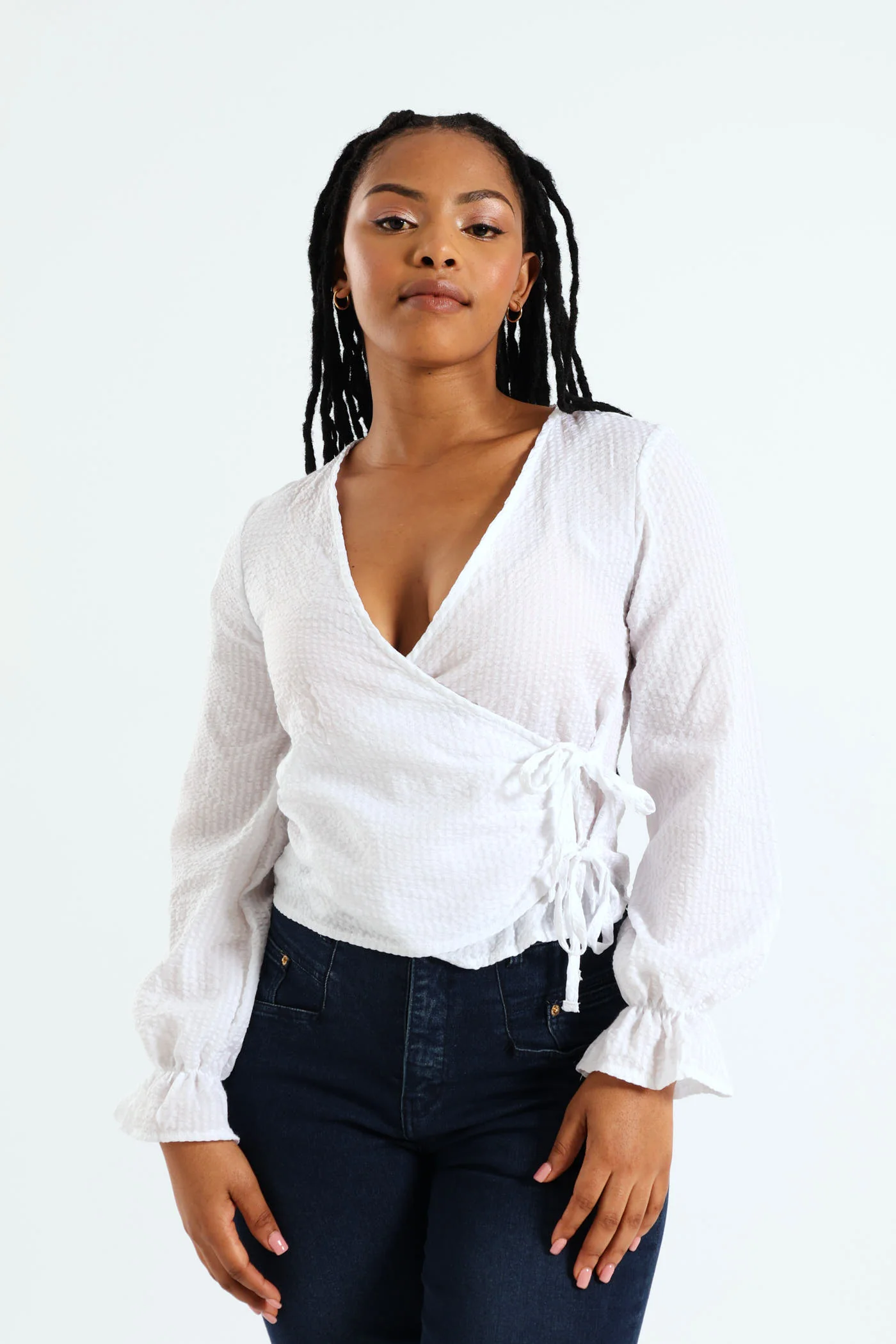 Long Sleeve Wrap Self Stripe Top - White