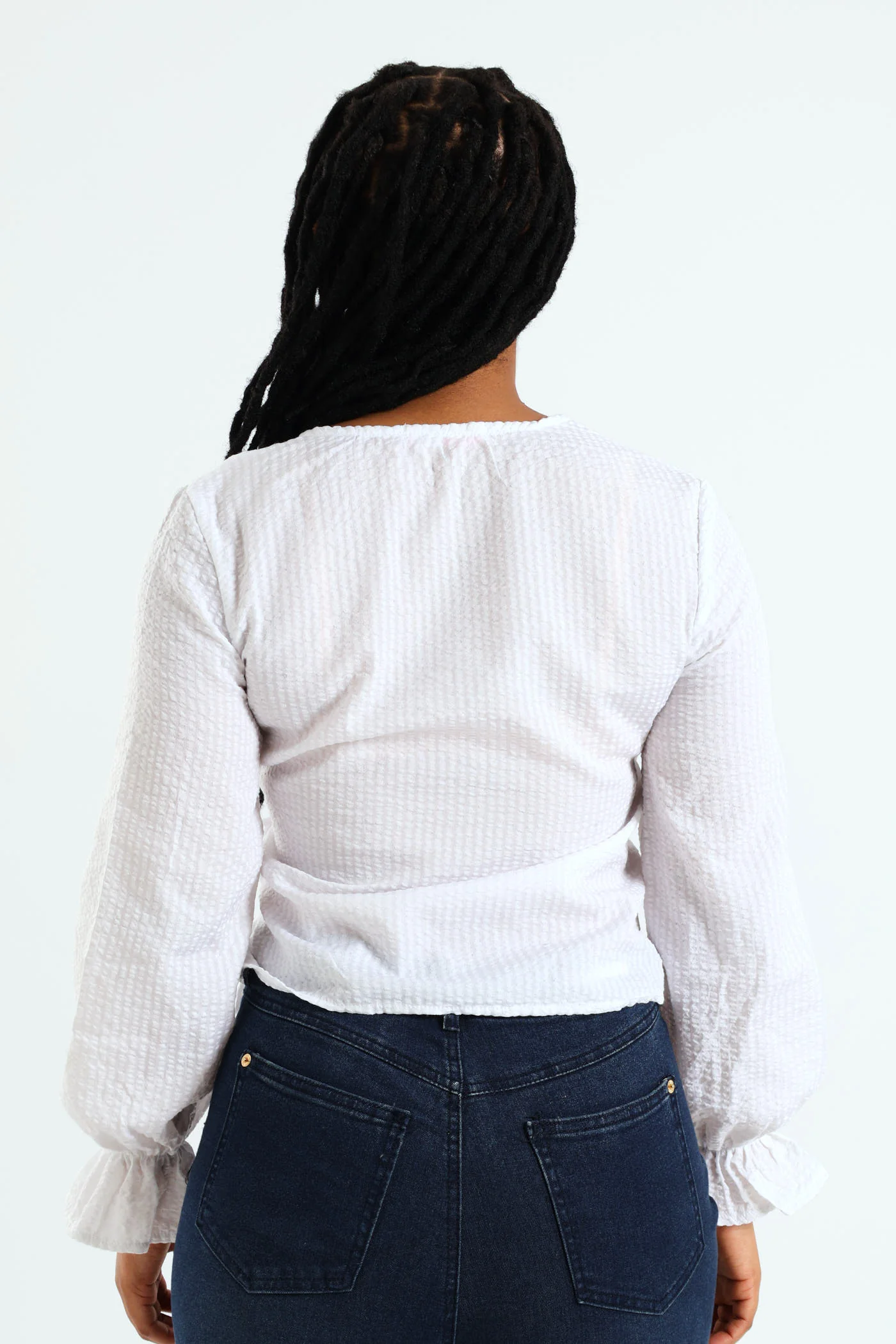 Long Sleeve Wrap Self Stripe Top - White - Image 5