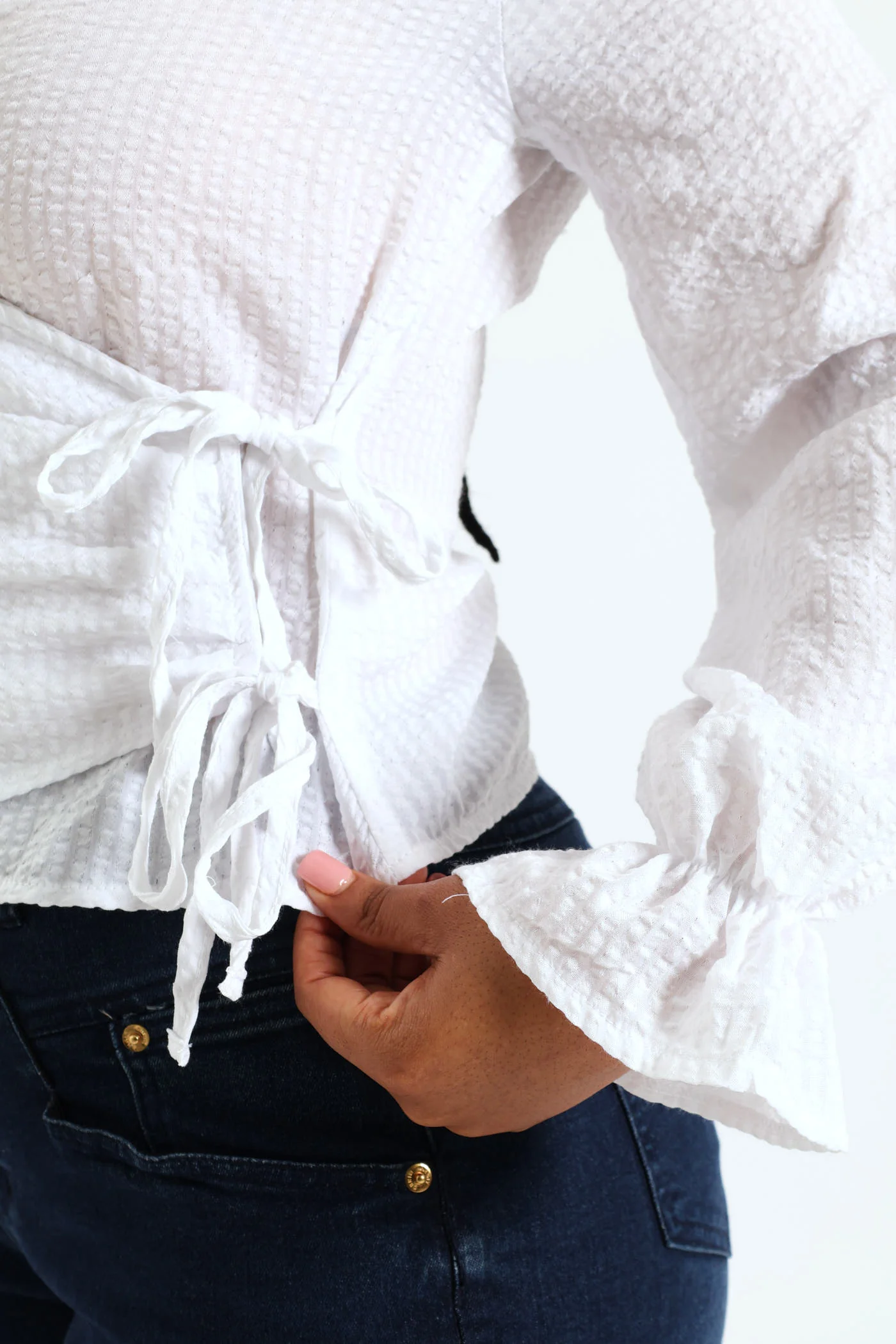 Long Sleeve Wrap Self Stripe Top - White - Image 6