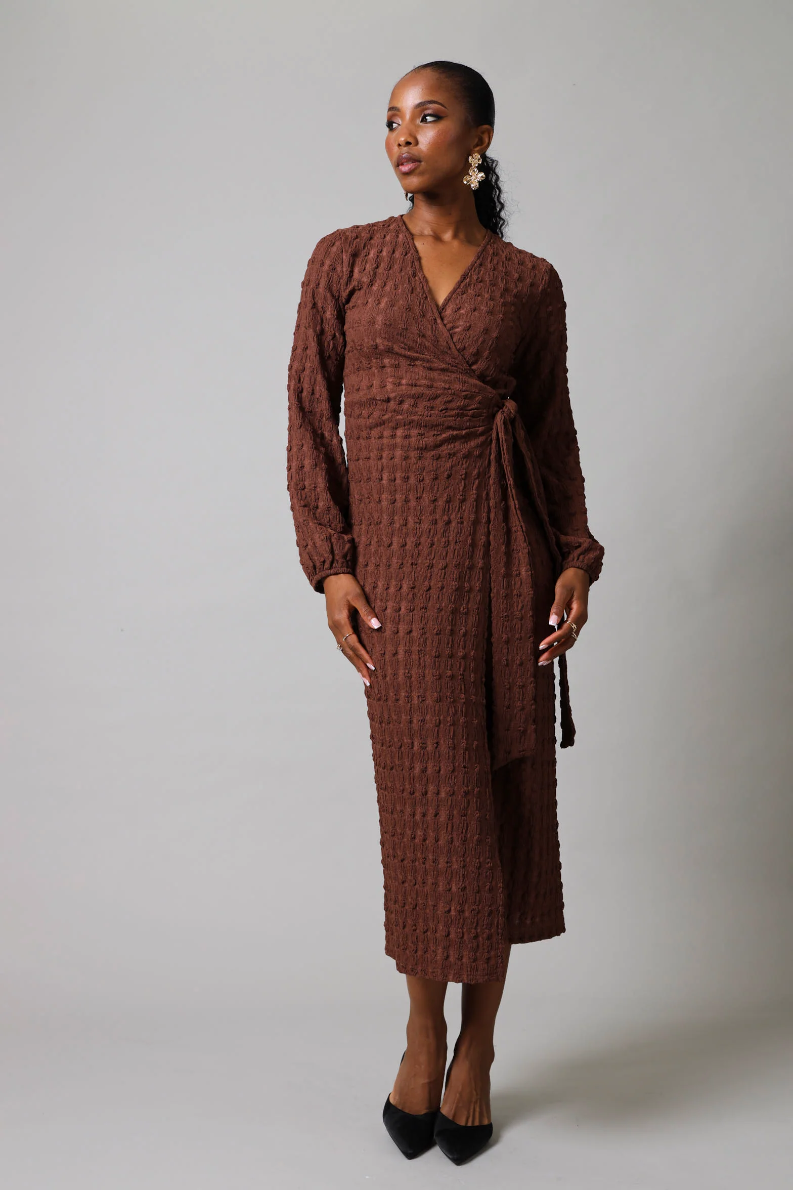 Long Sleeve Wrap Textured Dress - Brown