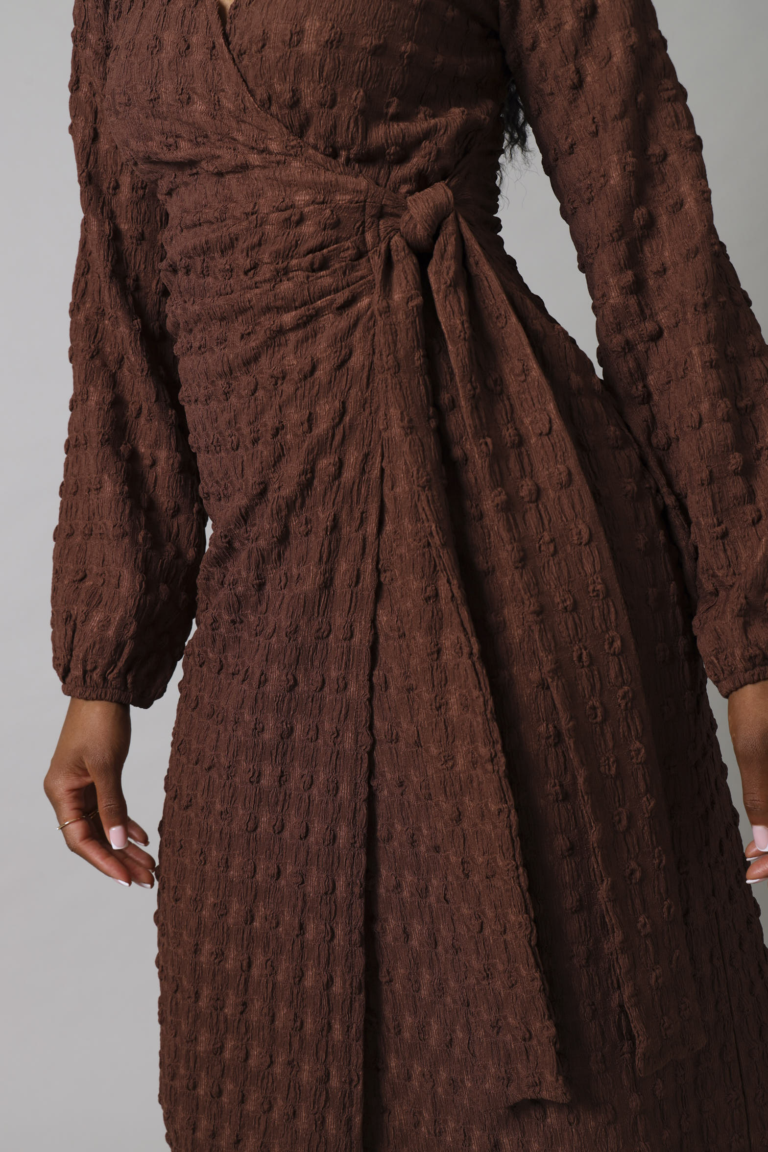 Long Sleeve Wrap Textured Dress - Brown - Image 2