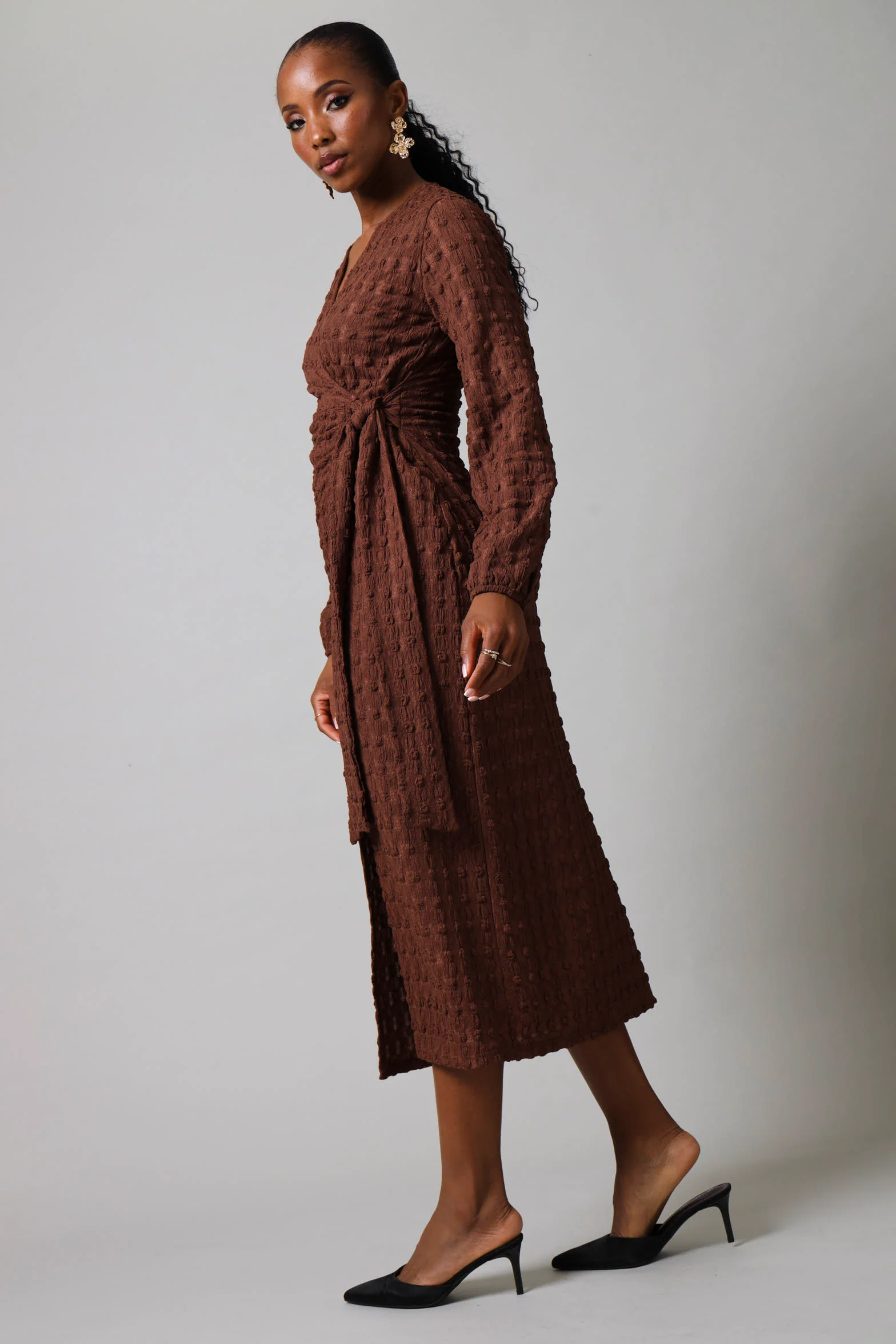 Long Sleeve Wrap Textured Dress - Brown - Image 3