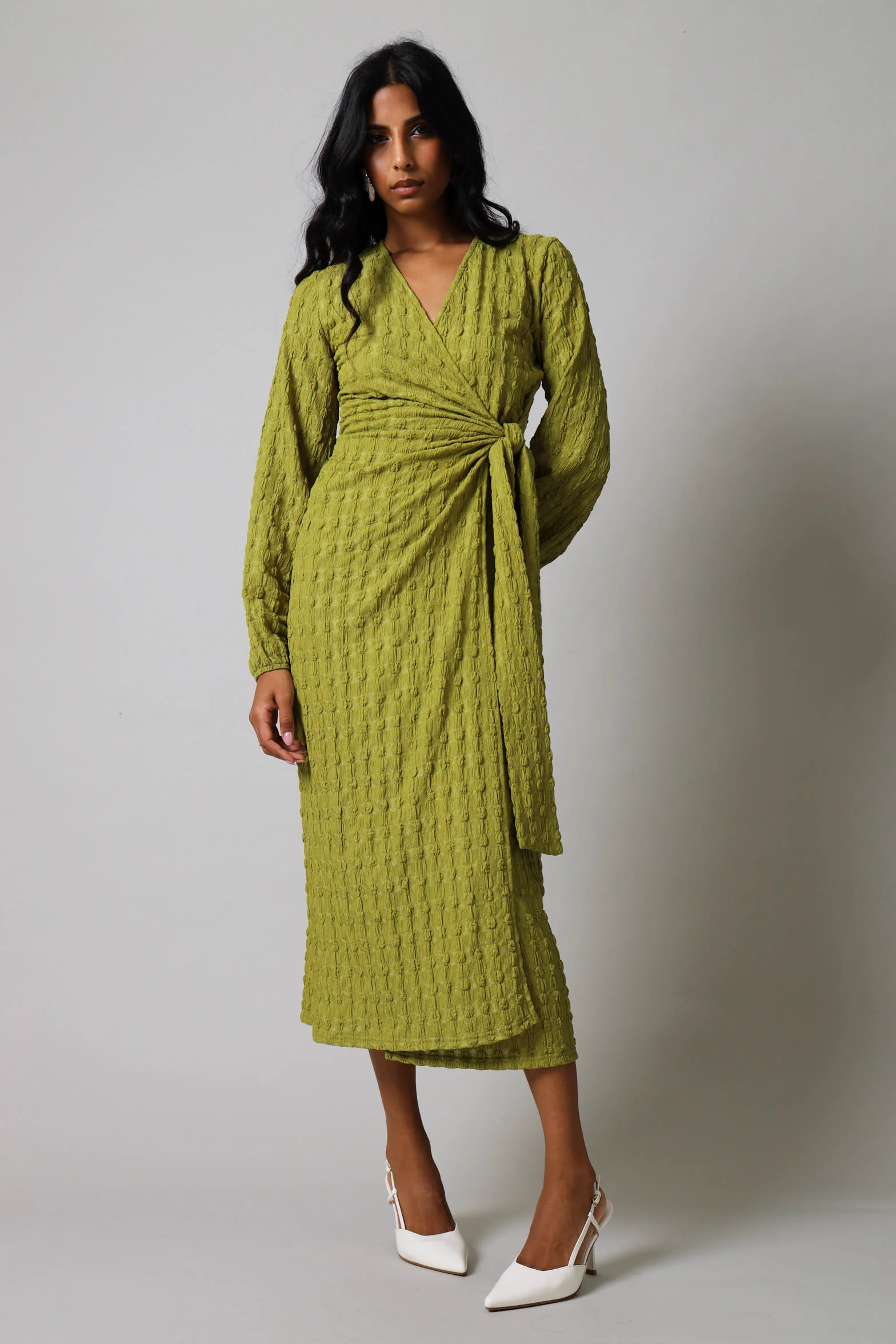 Long Sleeve Wrap Textured Dress - Green