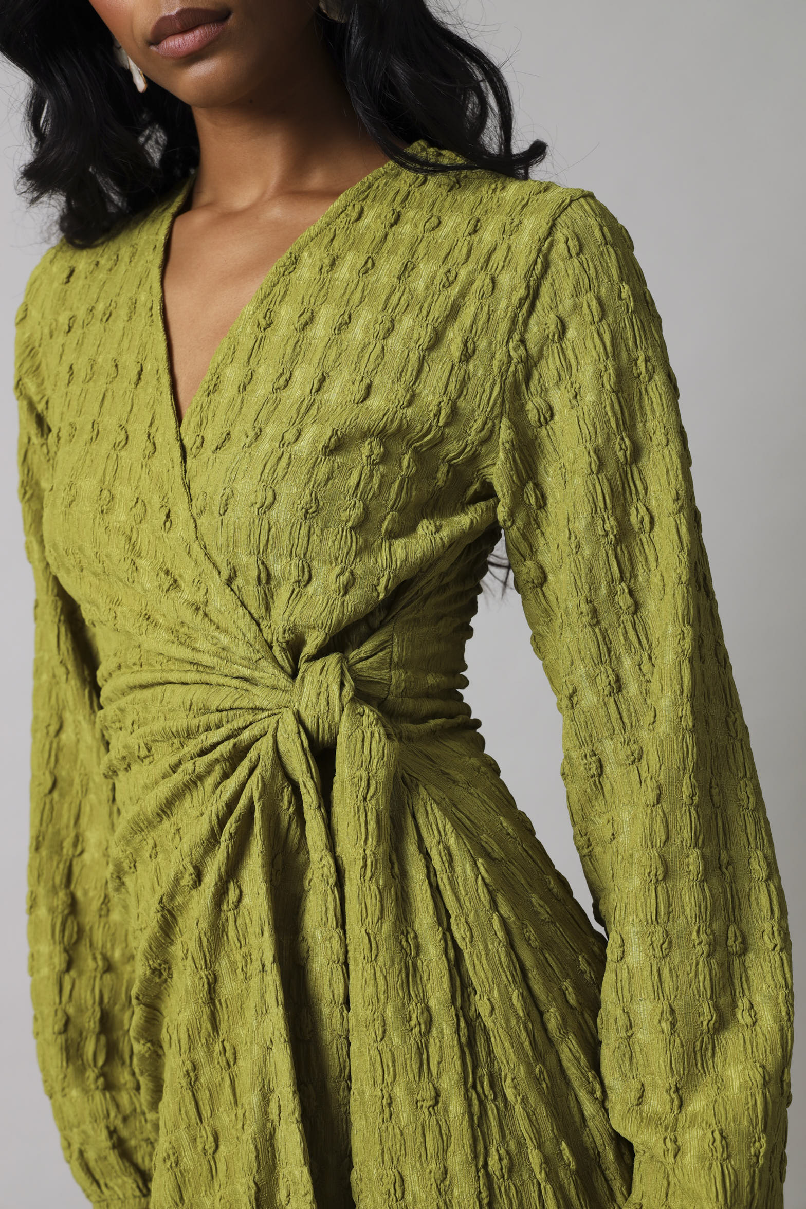 Long Sleeve Wrap Textured Dress - Green - Image 3