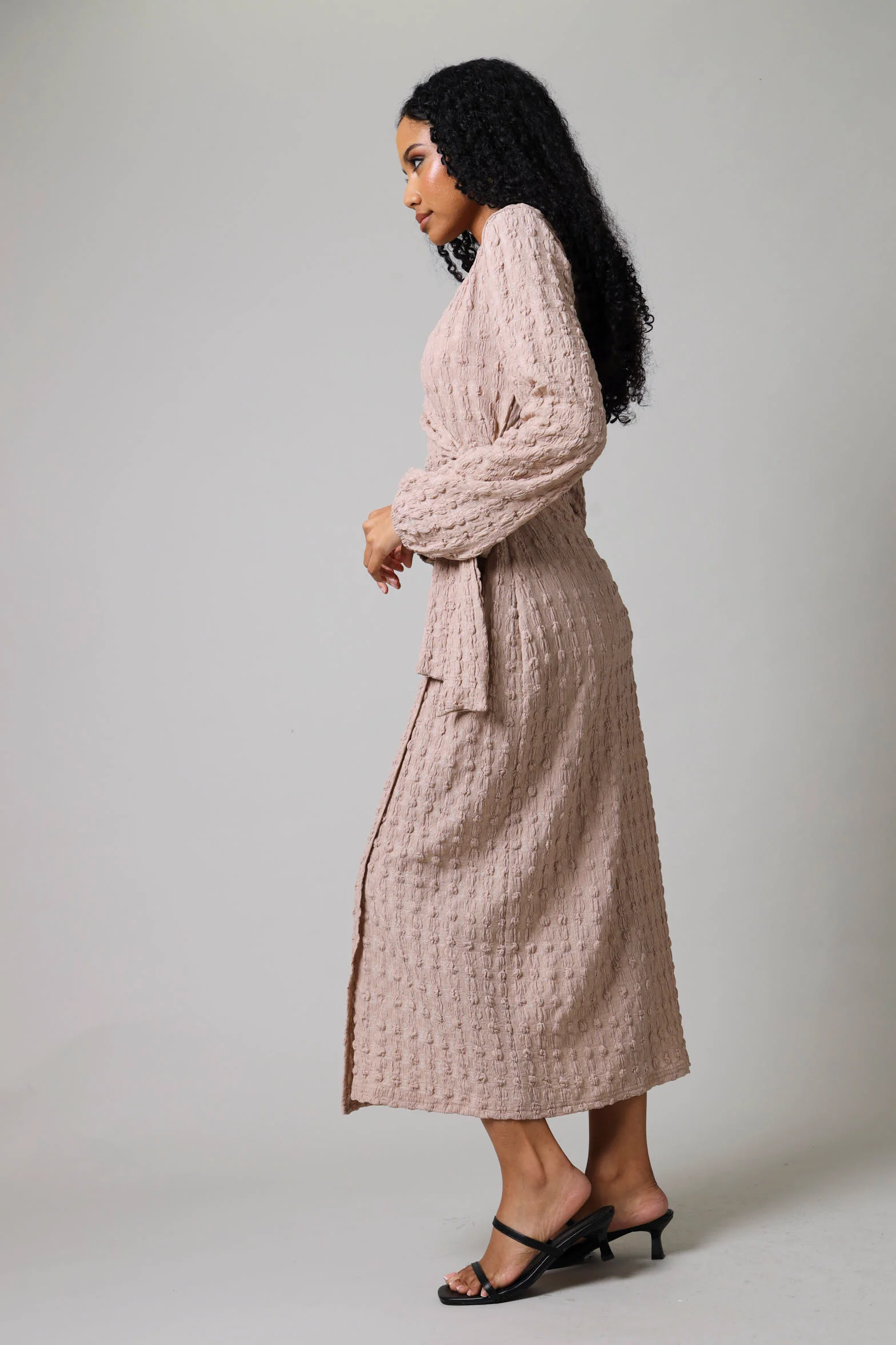 Long Sleeve Wrap Textured Dress - Stone - Image 2