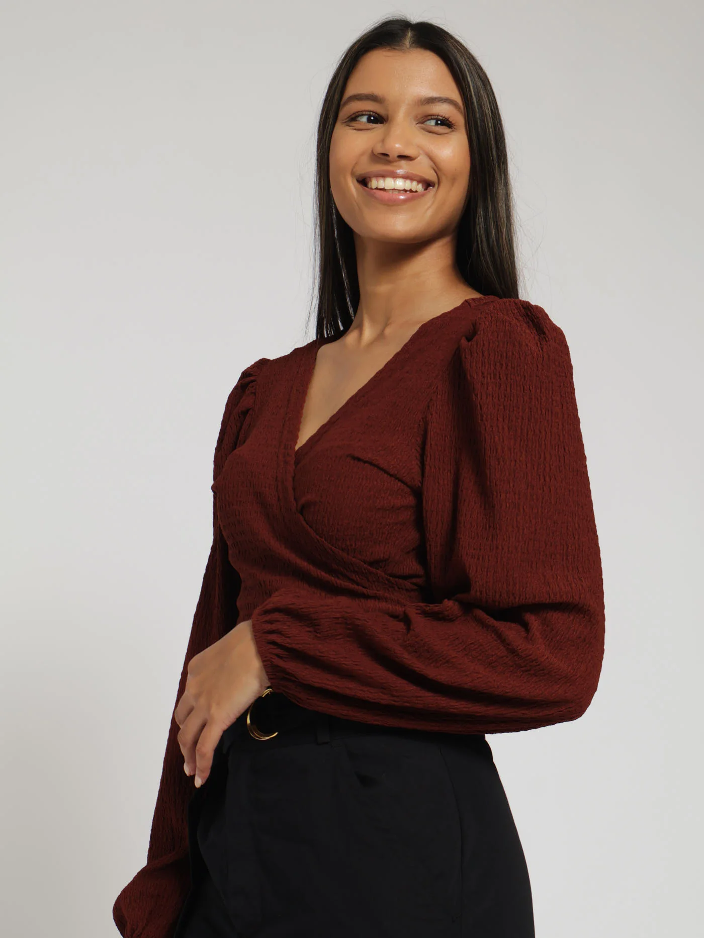 Long Sleeve Wrap Top - Brown - Image 2