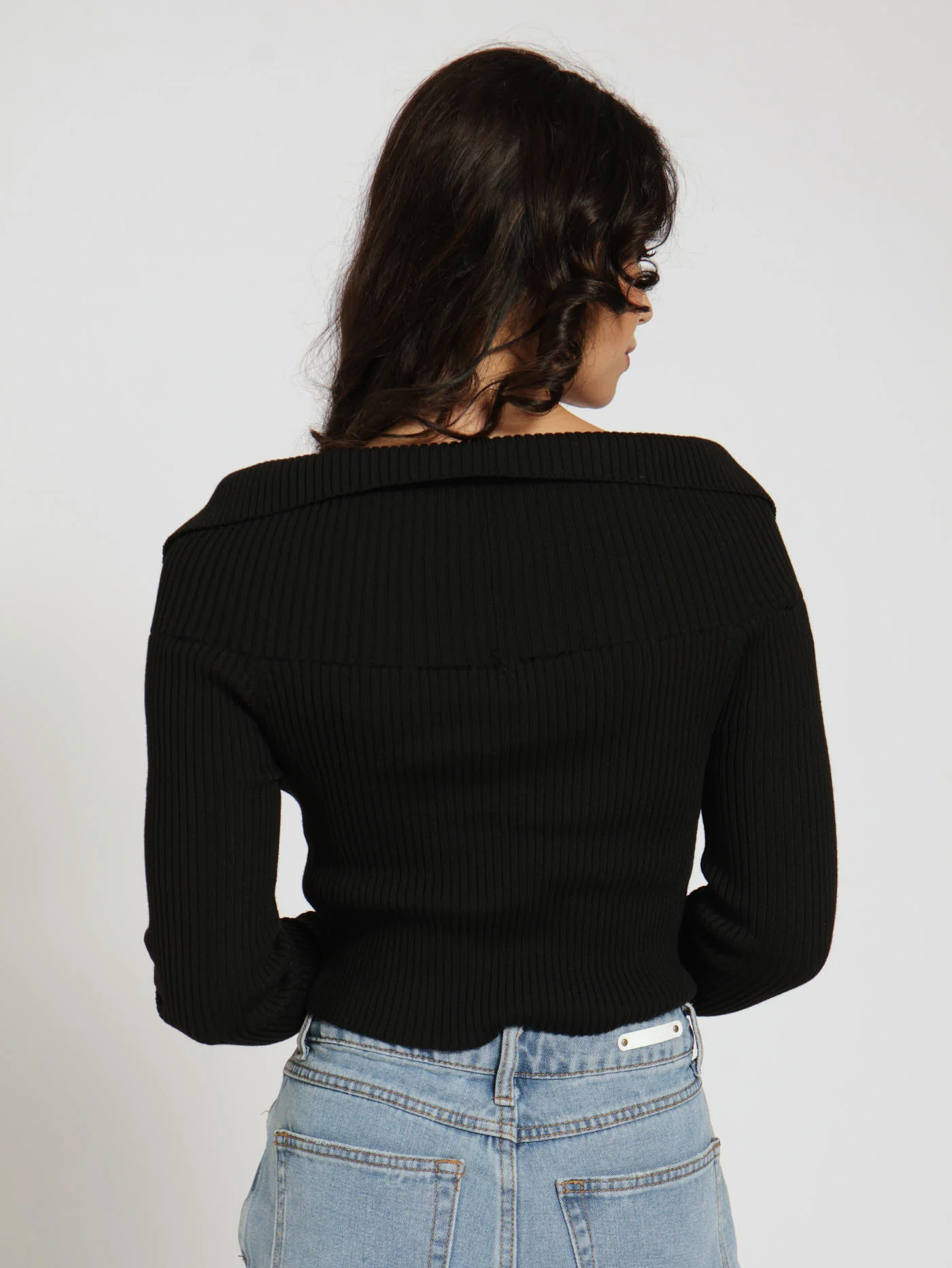 Long Sleeve Zip Front Knitwear Top - Black - Image 3
