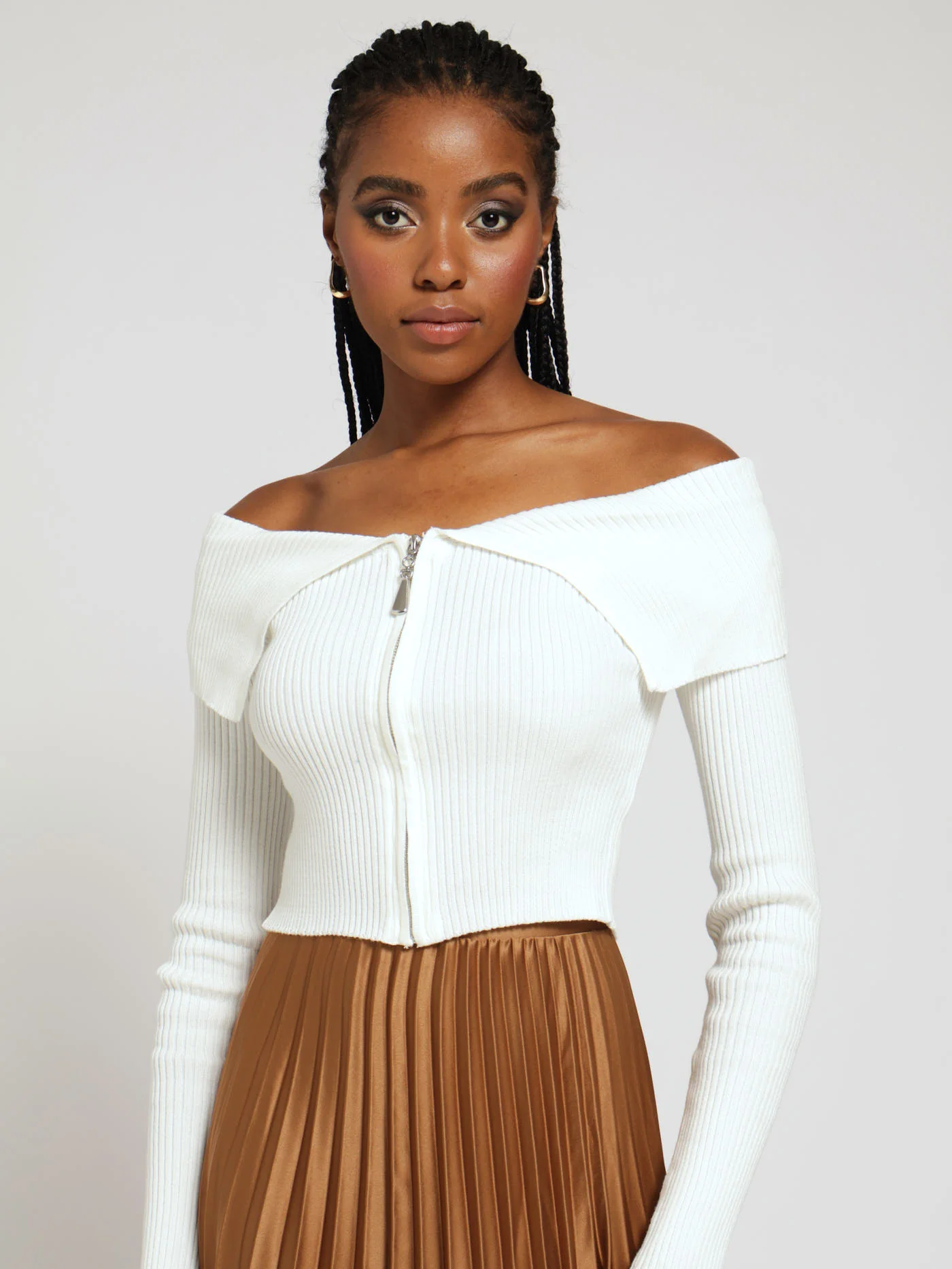 Long Sleeve Zip Front Knitwear Top - Cream
