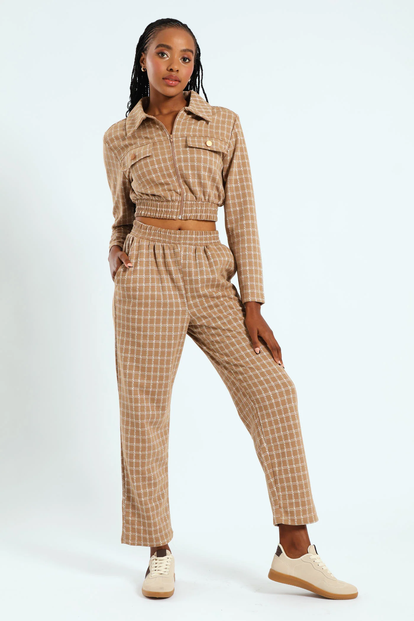 Long Sleeve Zip Through Cropped Check Jacket - Beige/Cream - Image 3