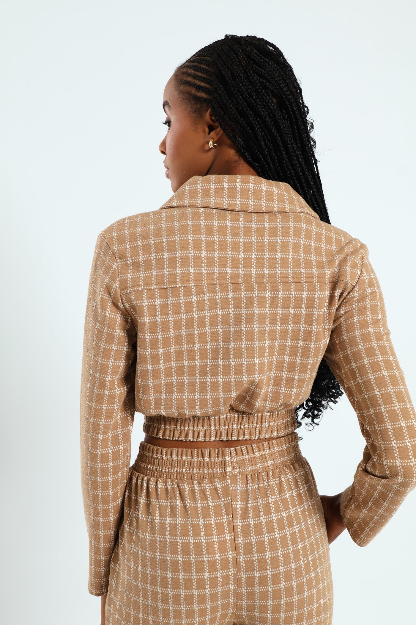 Long Sleeve Zip Through Cropped Check Jacket - Beige/Cream - Image 6