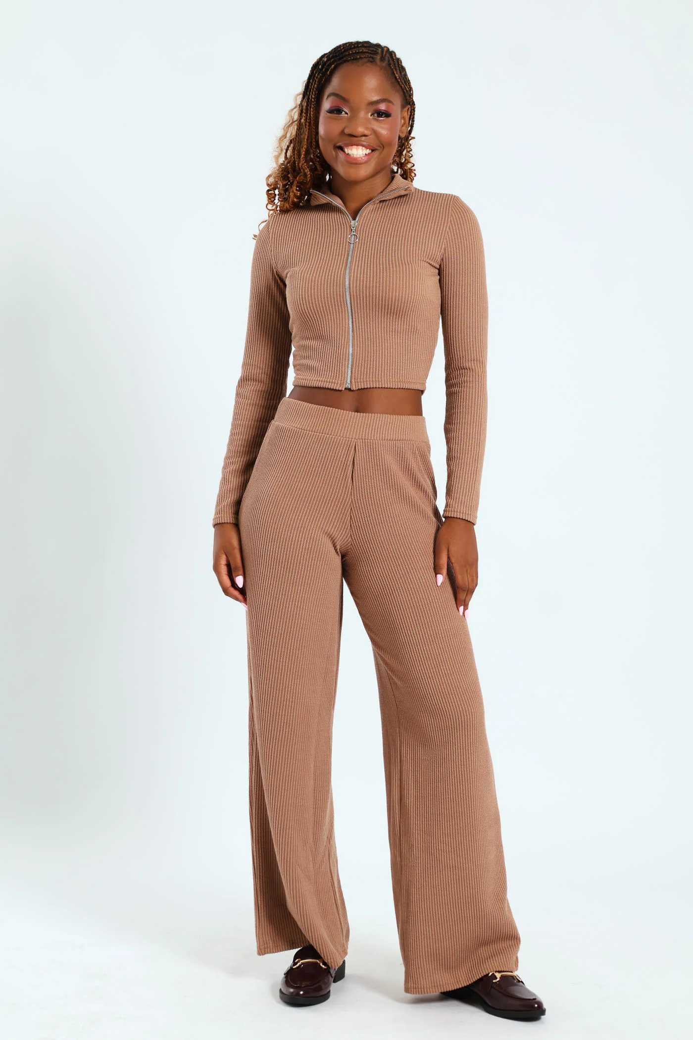 Long Sleeve Zip Through Rib Top - Caramel - Image 2