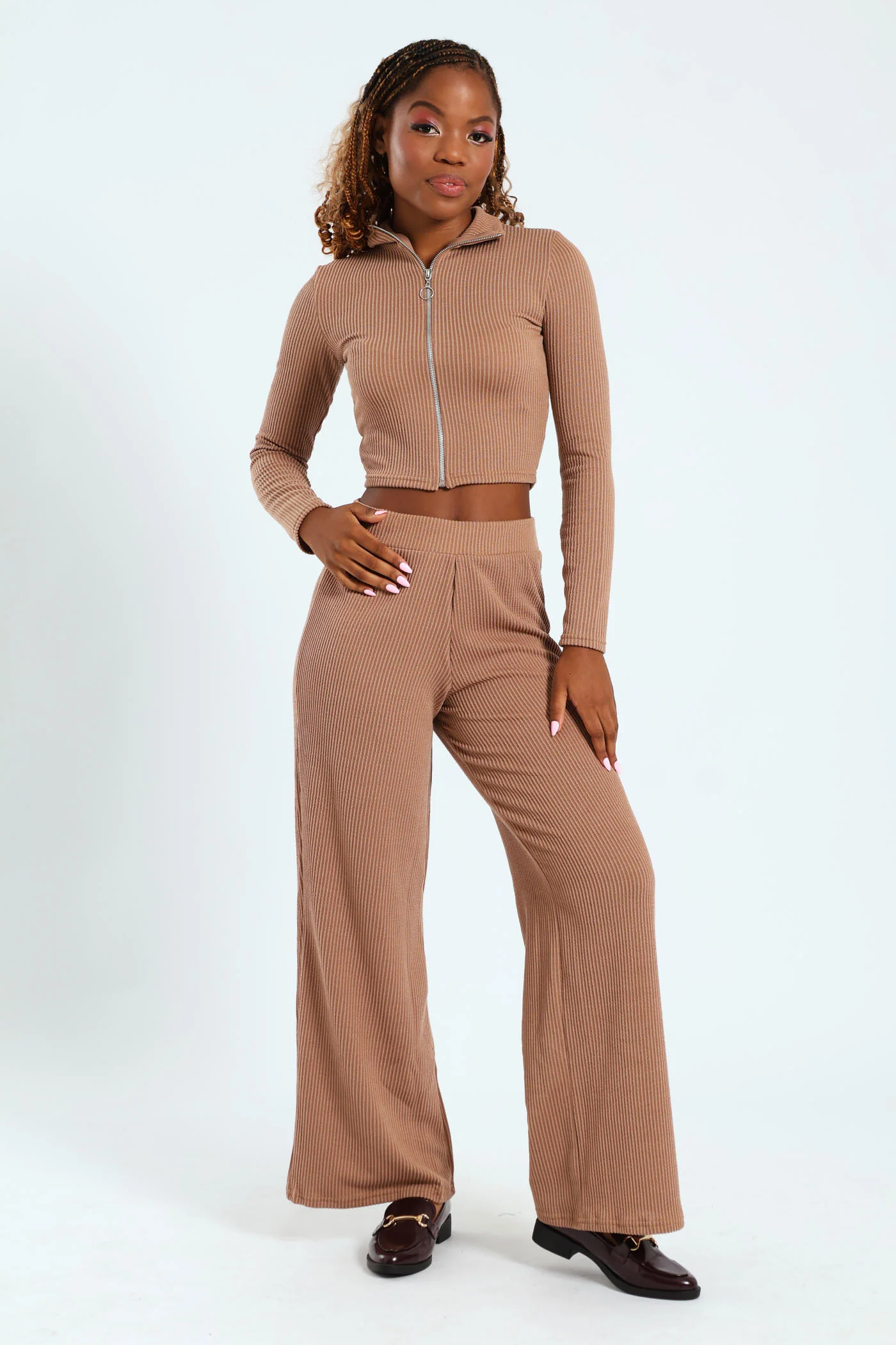 Long Sleeve Zip Through Rib Top - Caramel - Image 6