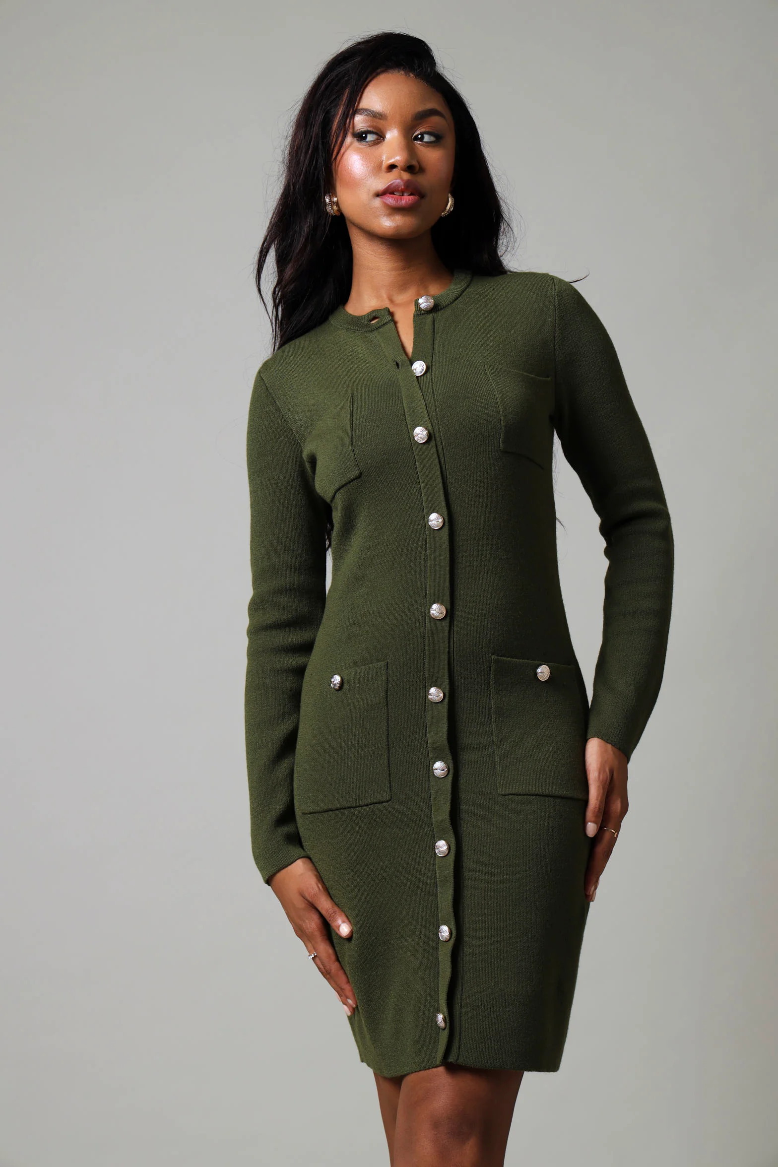 Longsleeve Button Down Knitwear Dress - Fatigue