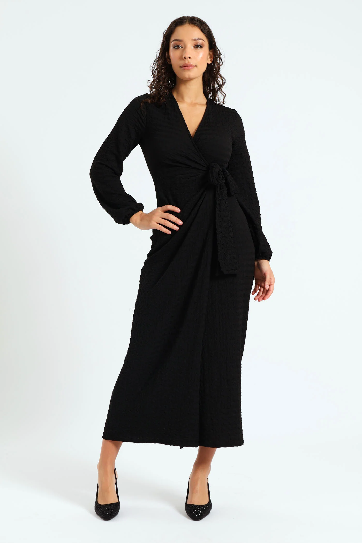 Longsleeve Textured Knit Dress - Black