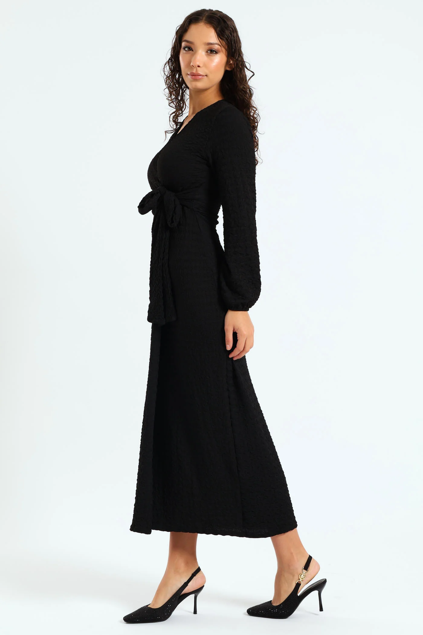 Longsleeve Textured Knit Dress - Black - Image 2