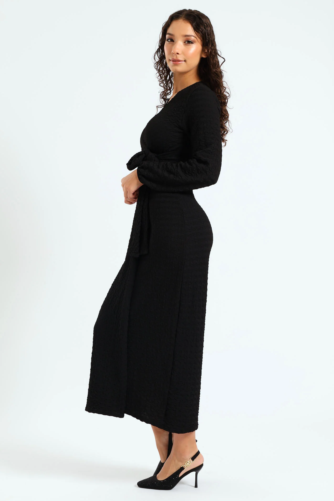 Longsleeve Textured Knit Dress - Black - Image 3