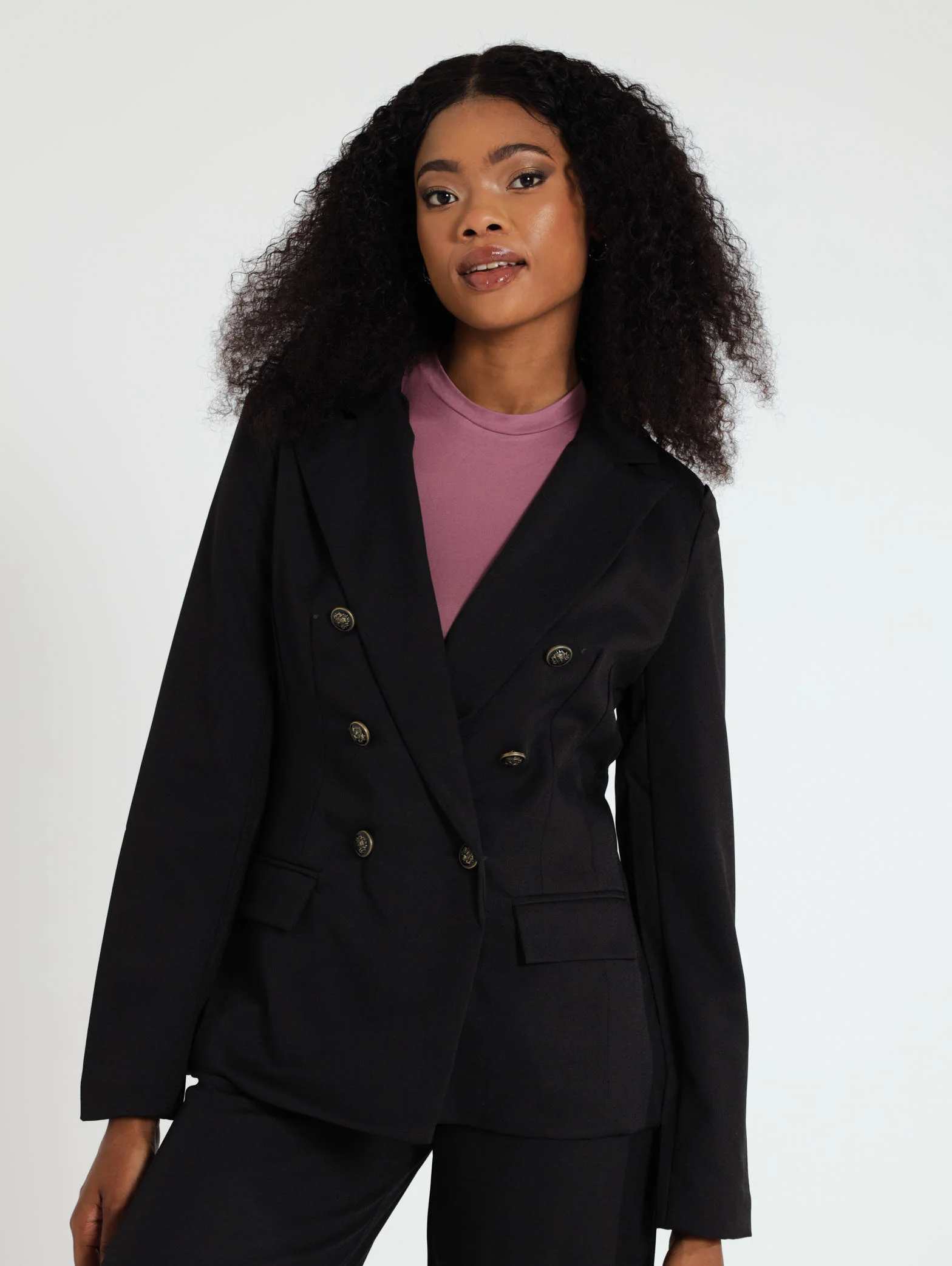 Long Sleeve Double Breast Blazer With Fancy Gold Buttons - Image 2