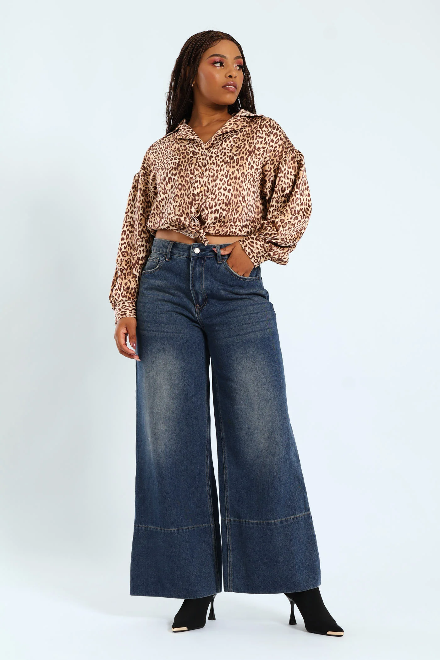 Long Sleeve Cropped Tie Front Detail Shirt - Animal - Image 2