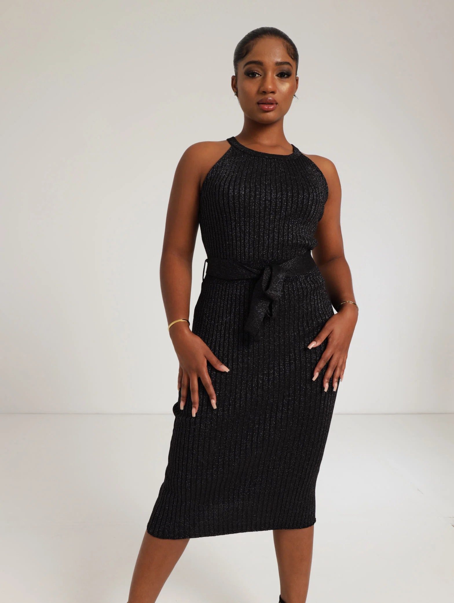 Lurex Midi Knitwear Dress With Waist Belt Tie - Black