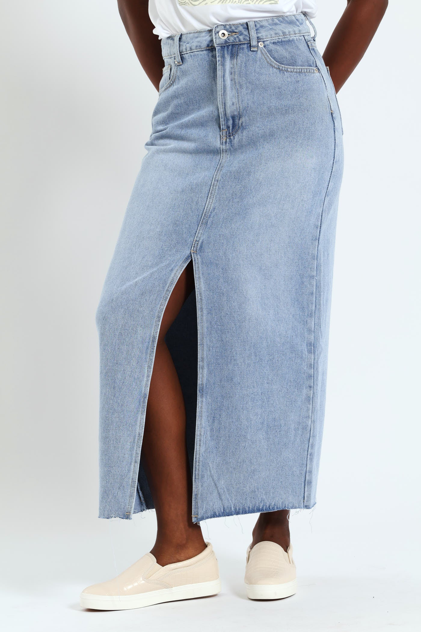 Maxi Denim Slit Front Skirt