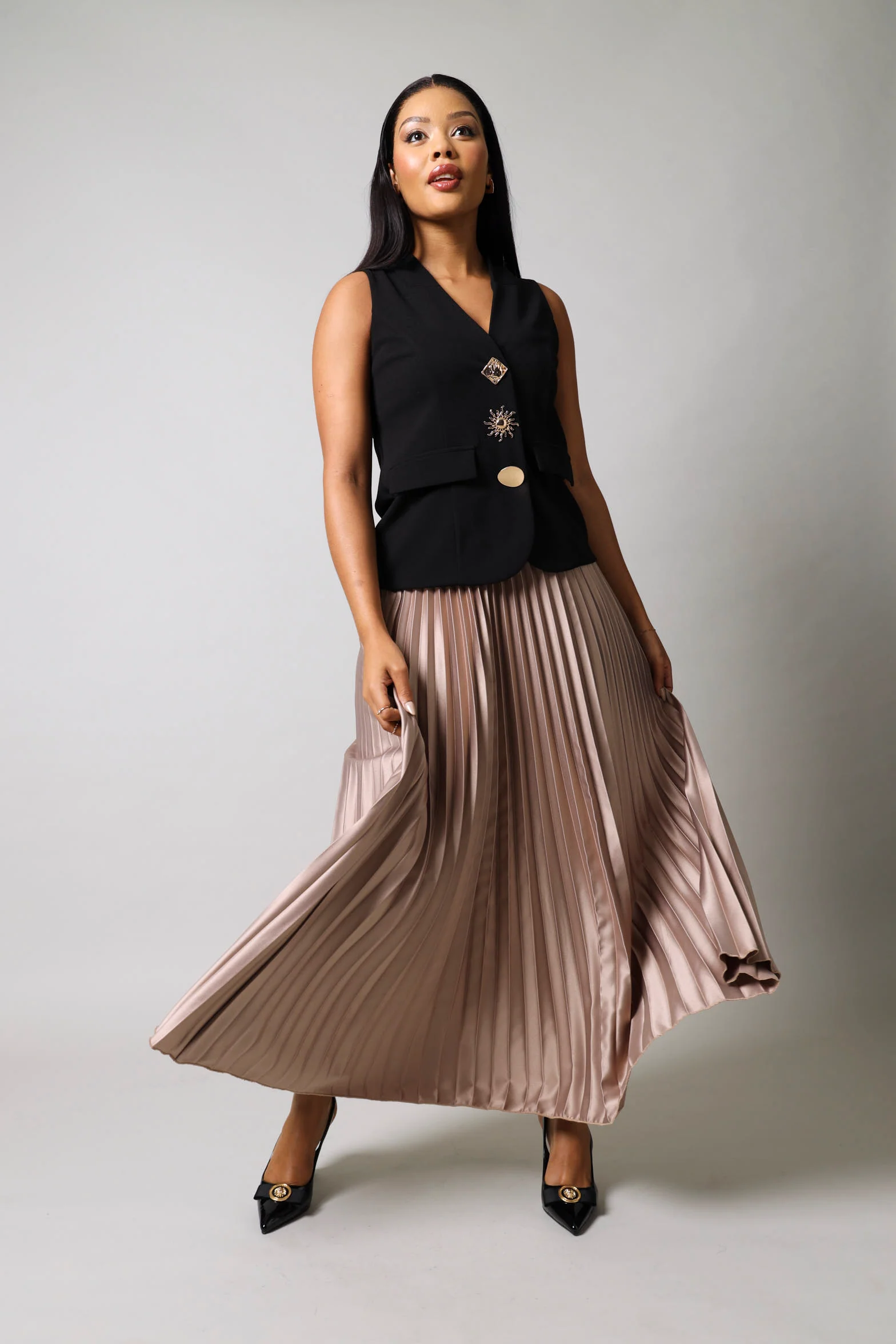 Maxi Elasticated Pleated Skirt - Gold