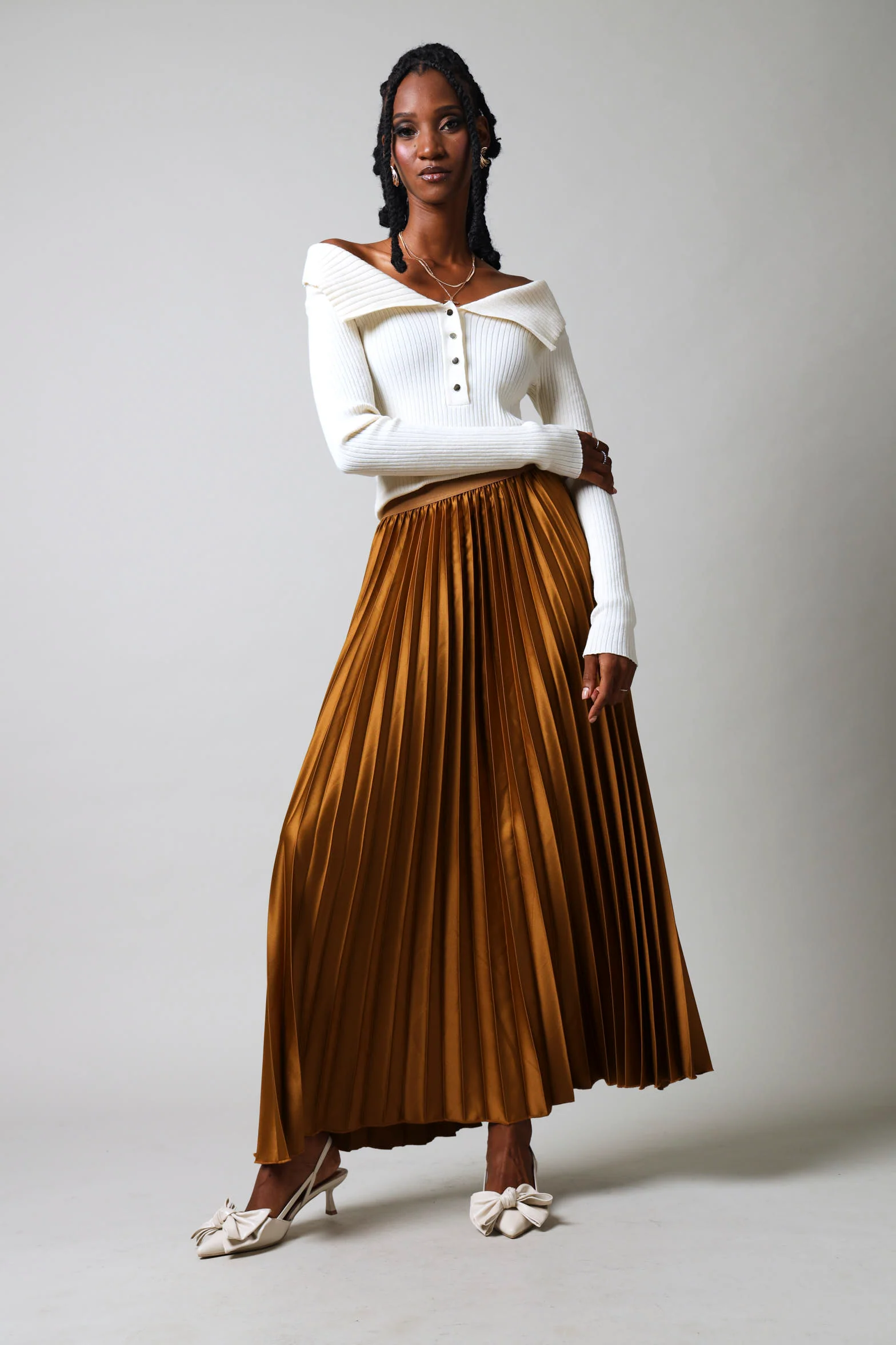 Maxi Elasticated Pleated Skirt - Gold - Image 6