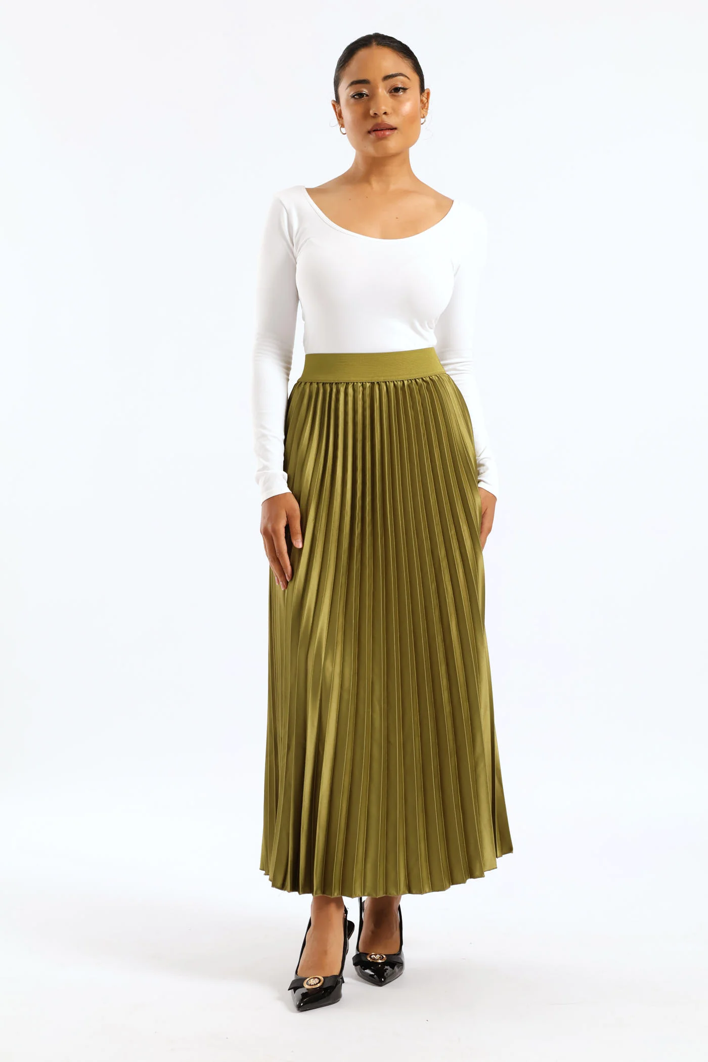 Maxi Elasticated Pleated Skirt - Green - Image 2