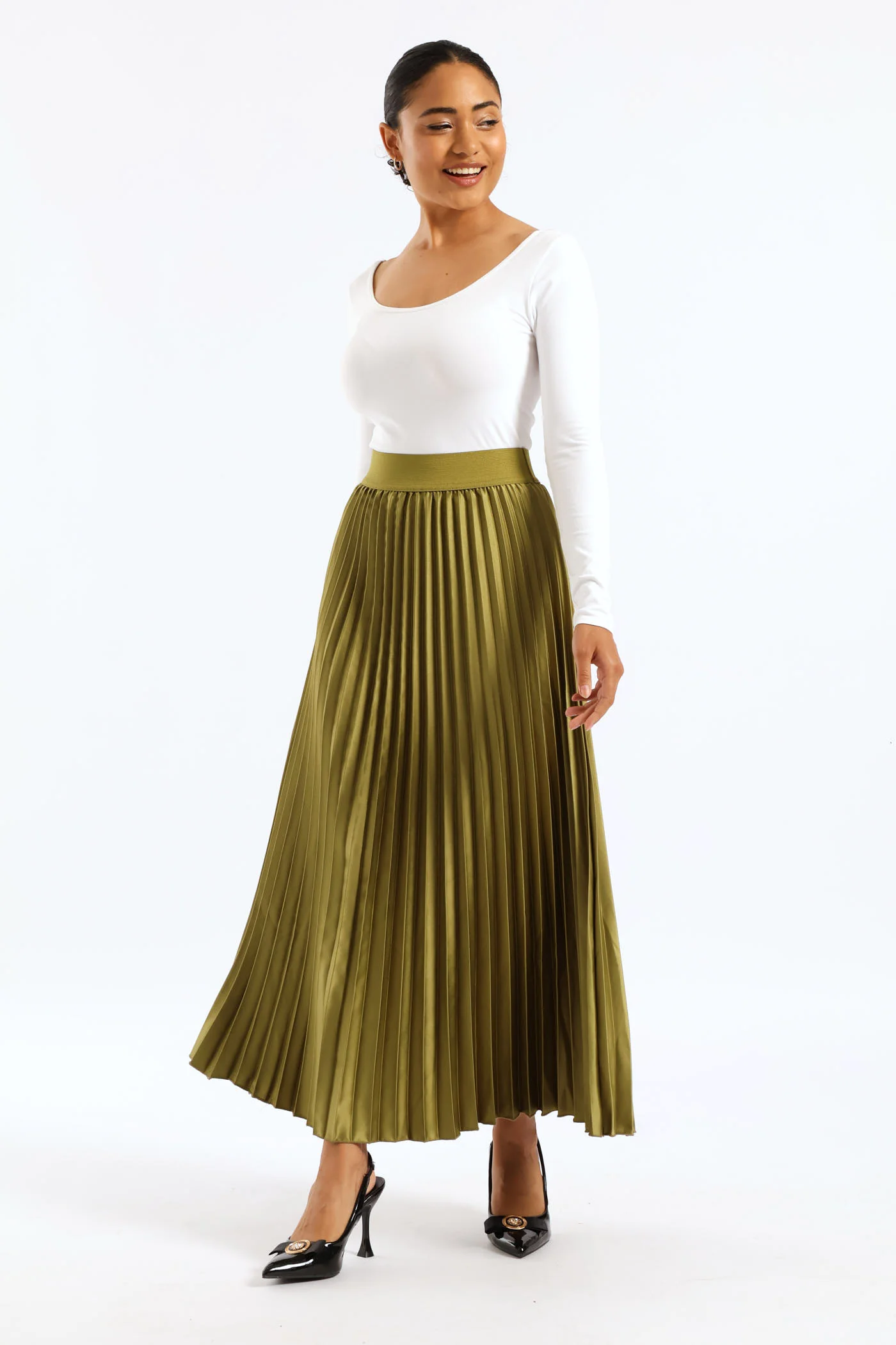 Maxi Elasticated Pleated Skirt - Green - Image 6