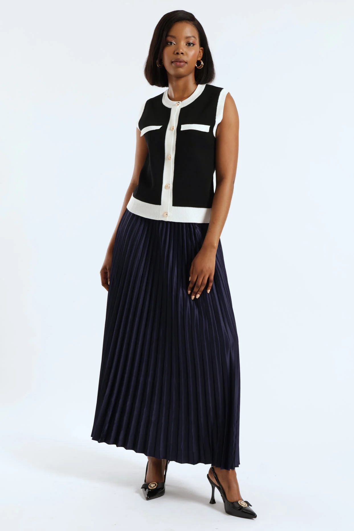 Maxi Elasticated Pleated Skirt - Navy - Image 6