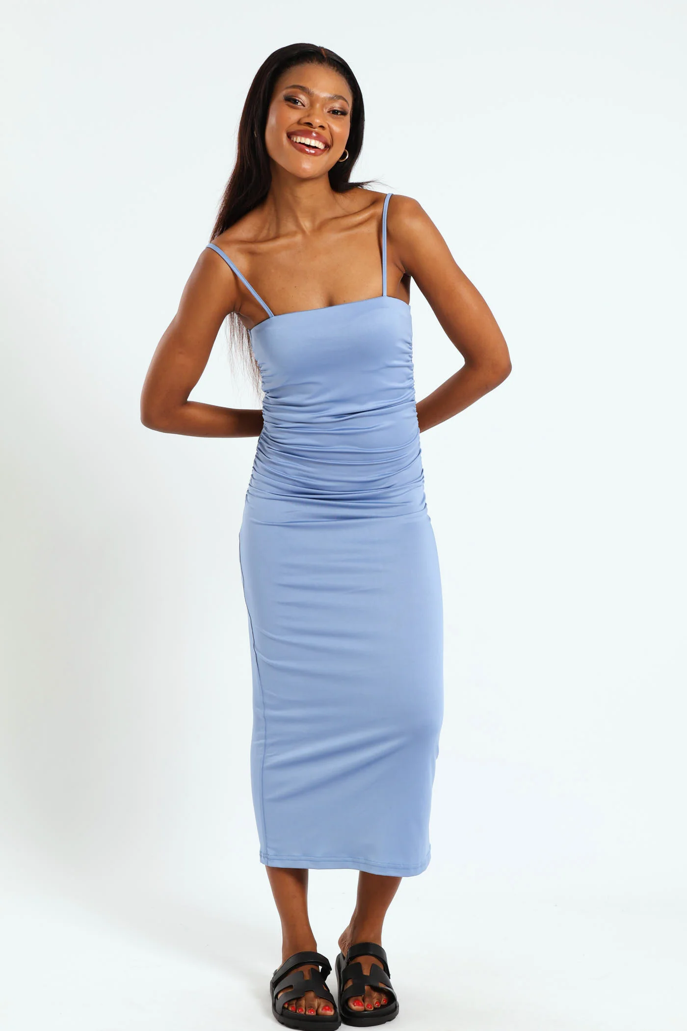Maxi Gauged Boobtube Dress - Dusty Blue