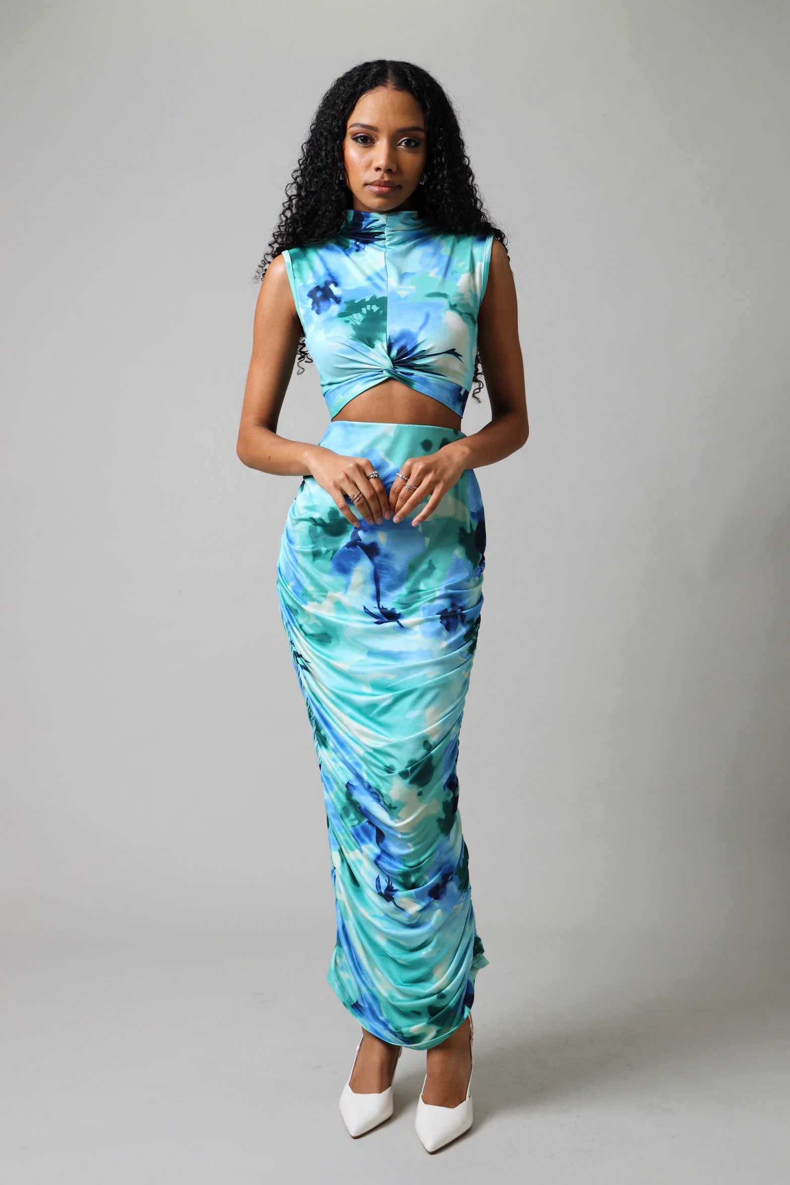 Maxi Ruched Slinky Skirt - Blue - Image 2